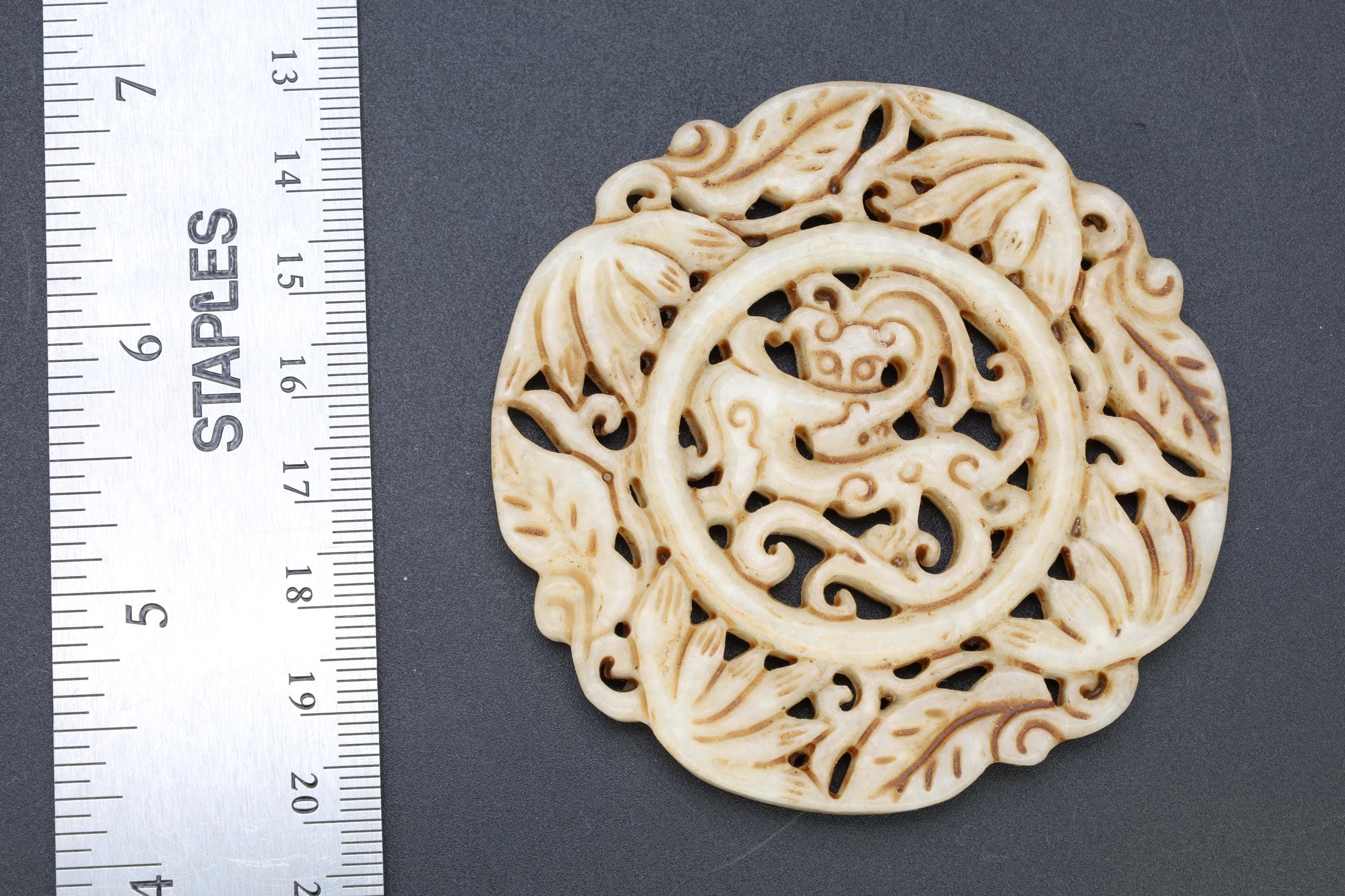Chinese Round Amulet, Carved Stone BI DISC Mythological Animals, Two Sided Round Pendant With Dragon, Feng Shui, Oriental Asian Accessories