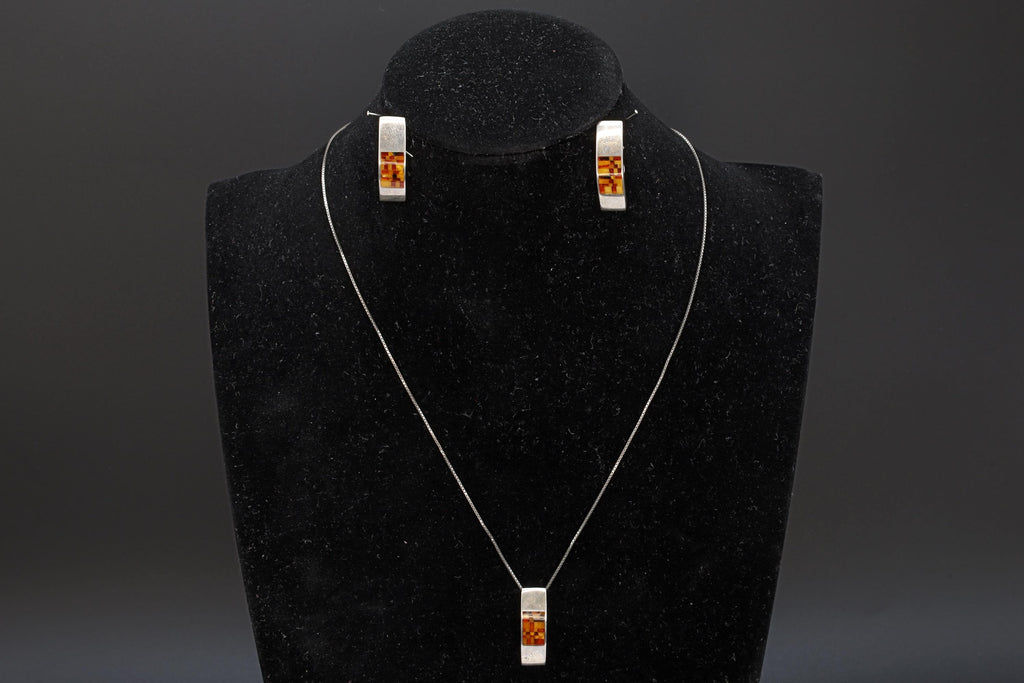 Jewelry Set By Jadwiga Zaremska, Gdansk Poland, Mosaic Baltic Amber And 925 Sterling Silver, Signed With Hallmarks, Necklace And Earrings