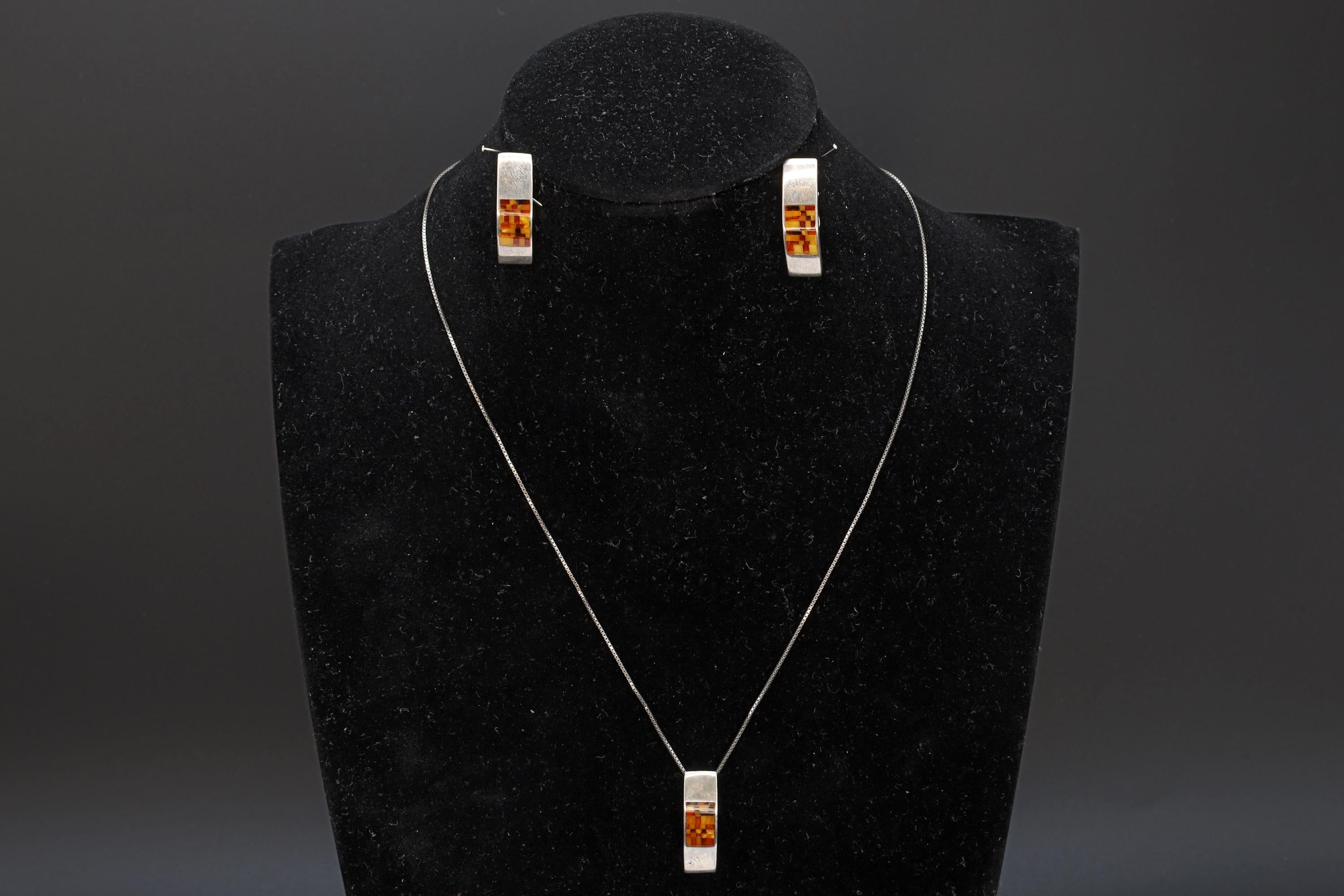 Jewelry Set By Jadwiga Zaremska, Gdansk Poland, Mosaic Baltic Amber And 925 Sterling Silver, Signed With Hallmarks, Necklace And Earrings