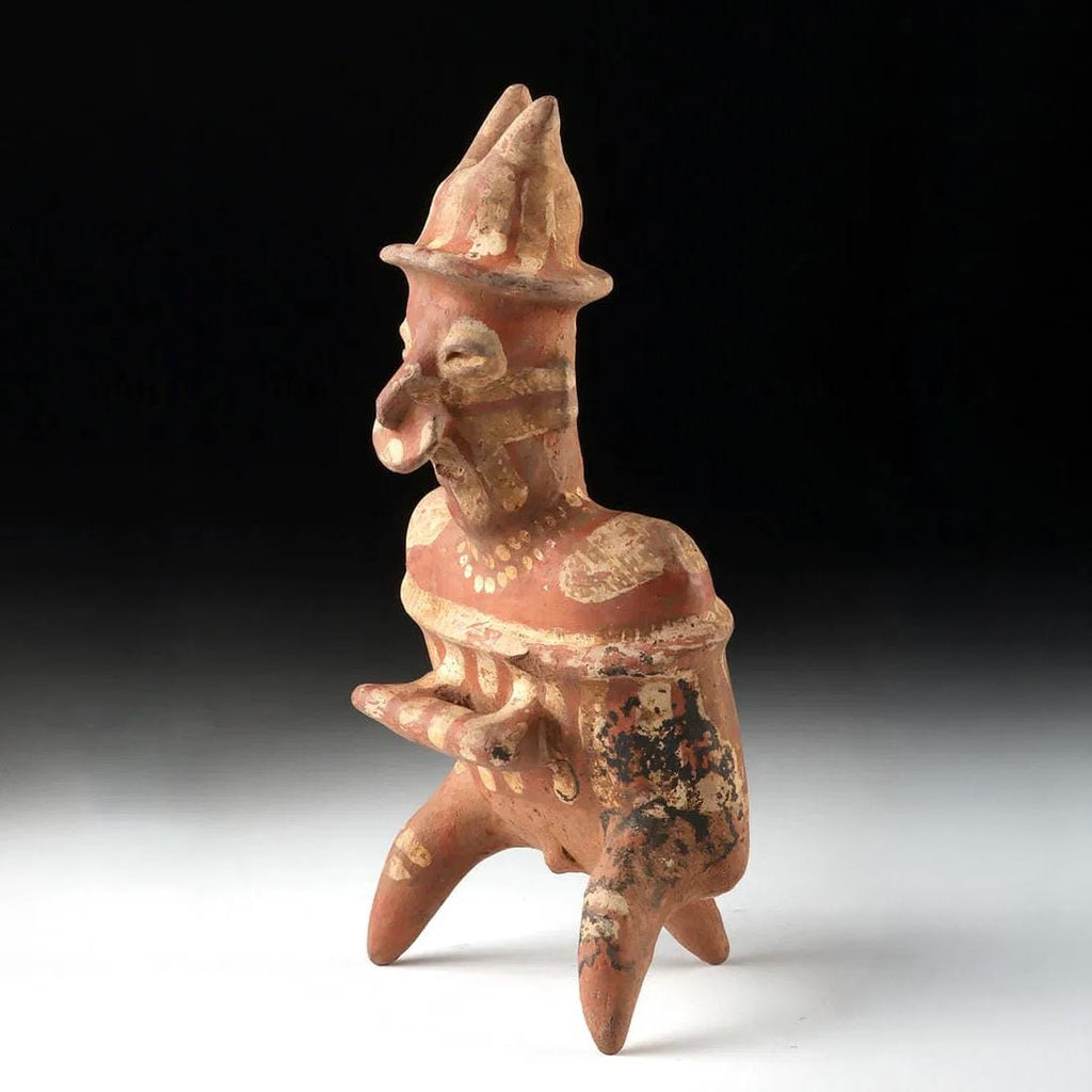 Ancient Pre Columbian Nayarit Pottery Seated Male Warrior Holding Chief’s Baton 300 BCE to 300 AD, West Mexico, Mesoamerican Tomb Burial Art