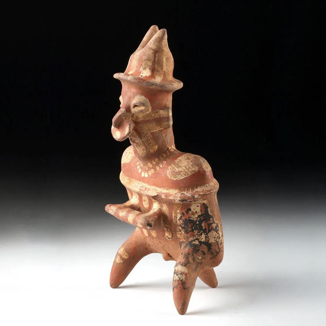 Ancient Pre Columbian Nayarit Pottery Seated Male Warrior Holding Chief’s Baton 300 BCE to 300 AD, West Mexico, Mesoamerican Tomb Burial Art