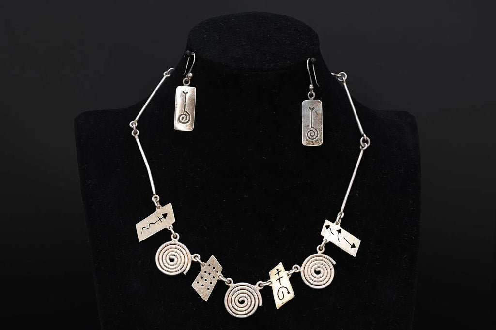Vintage 1990s Jewelry Set, Bib Necklace And Dangle Earrings, Modernist Design, Mexican 925 Sterling Silver