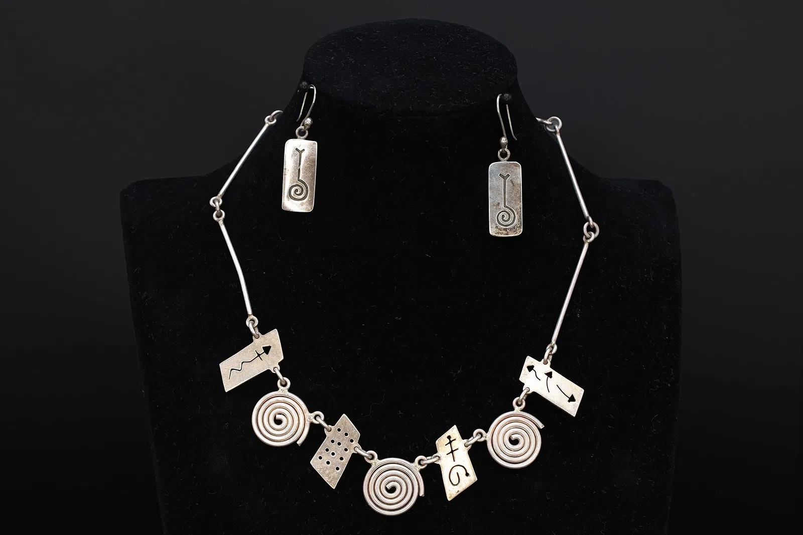 Vintage 1990s Jewelry Set, Bib Necklace And Dangle Earrings, Modernist Design, Mexican 925 Sterling Silver