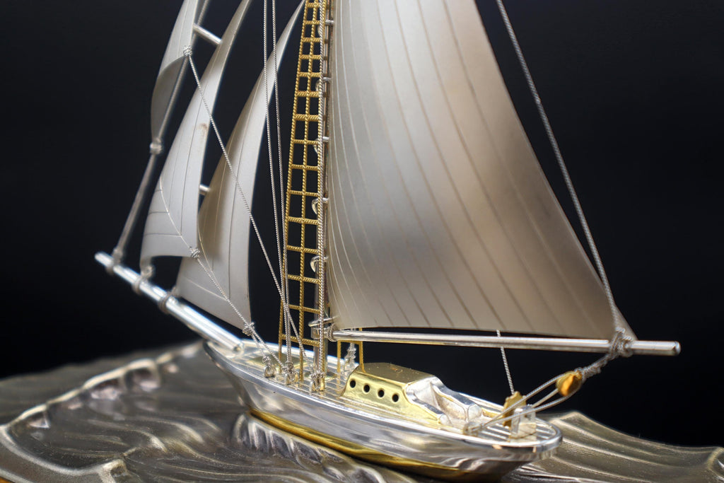 Handmade And Finely Detailed Sterling 960 Silver Model Of A Sailing Ship, Sports Boat Sculpture By Japanese Artist Silversmith Seki Takehiko