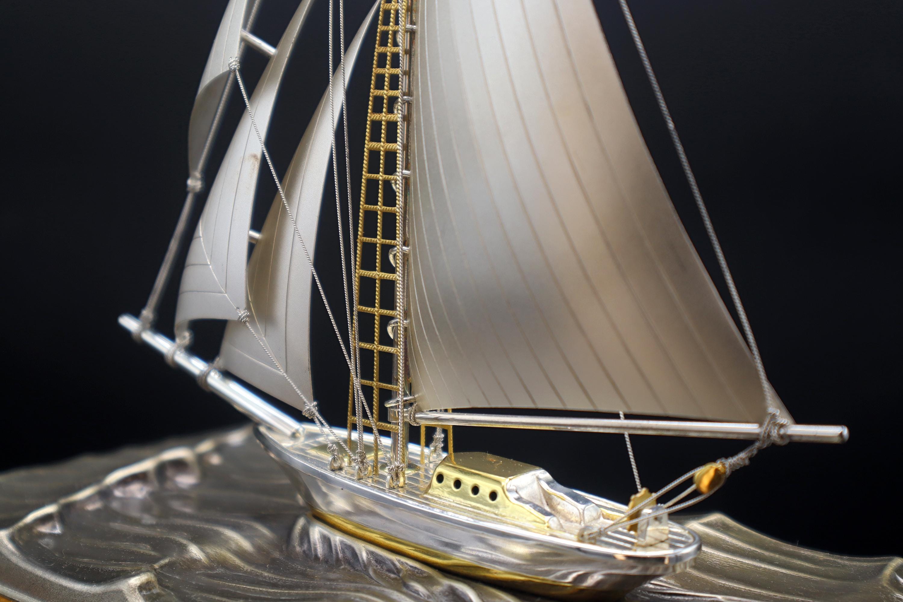 Handmade And Finely Detailed Sterling 960 Silver Model Of A Sailing Ship, Sports Boat Sculpture By Japanese Artist Silversmith Seki Takehiko