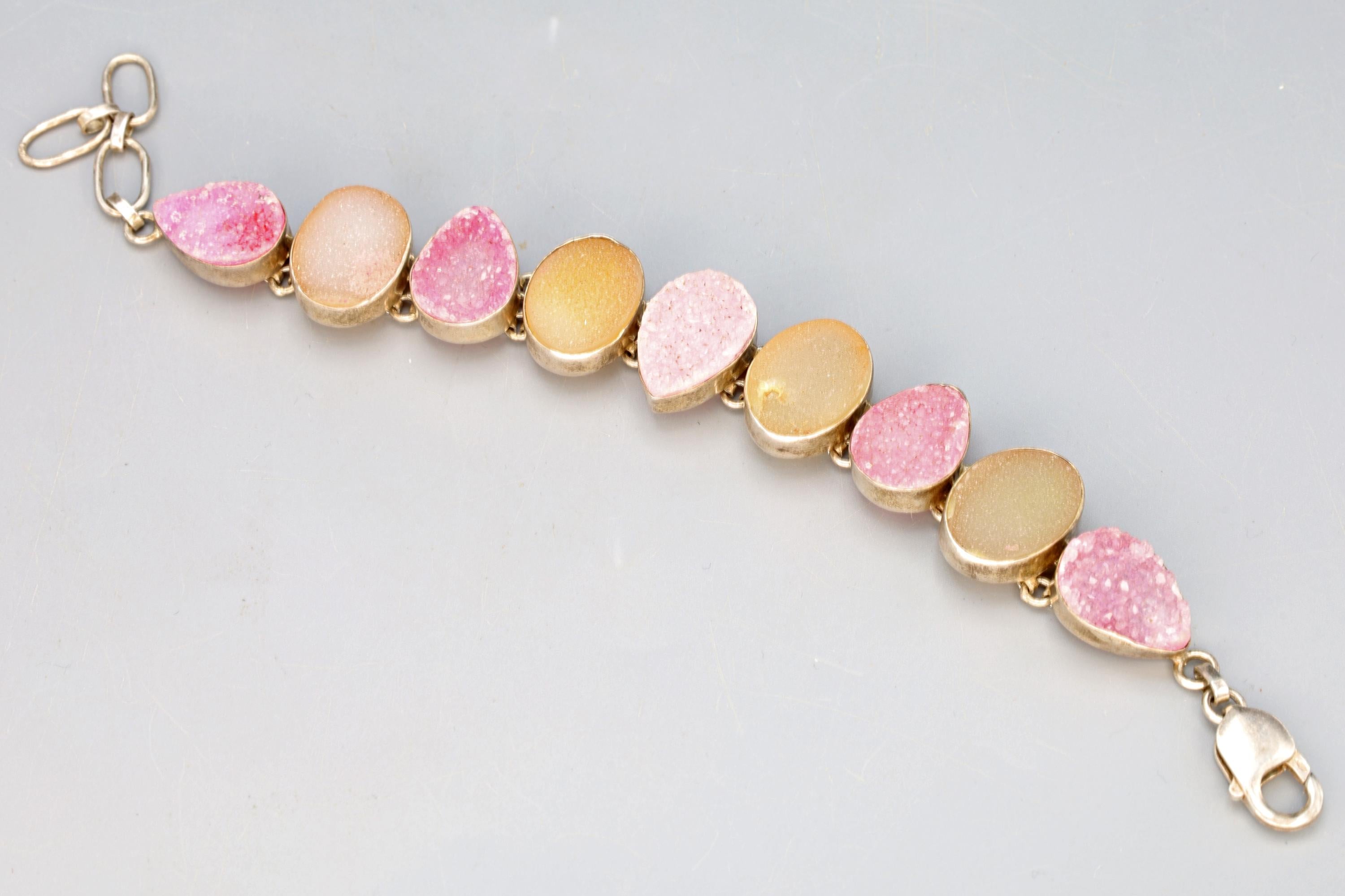 Vintage Multistone Panel Link Bracelet With Pink And Tan Druzy Quartz, Sterling Silver Jewelry For Women, Sparkling Stones