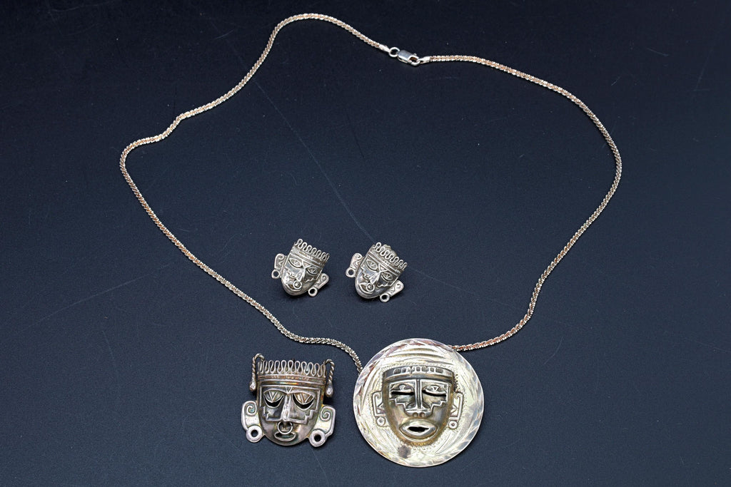 Taxco Mexico Jewelry Set, Pendant Necklace, Brooch, Matching Earrings, Warrior Aztec Mask In Art Deco Style, Vintage 1940s Sterling Silver