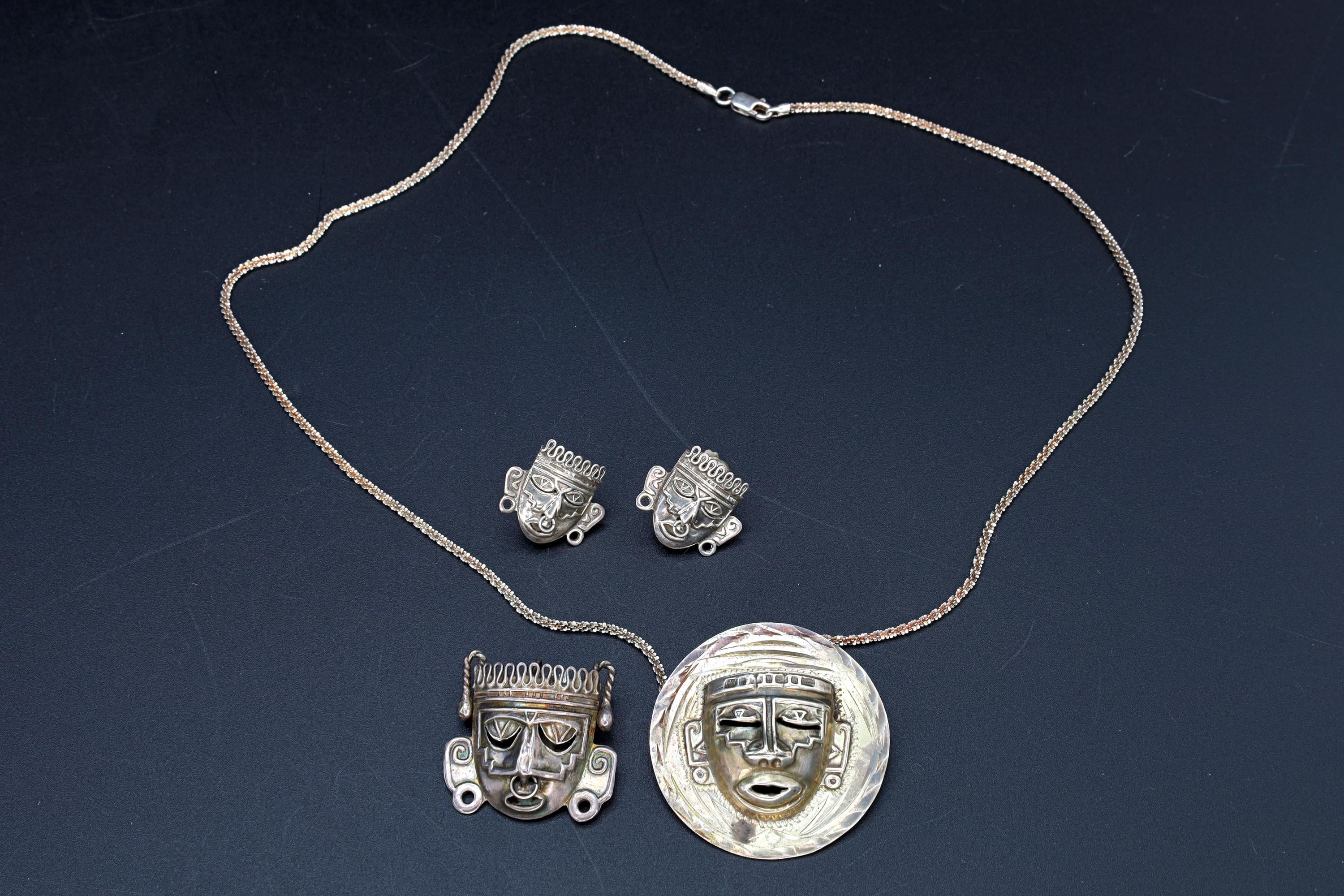 Taxco Mexico Jewelry Set, Pendant Necklace, Brooch, Matching Earrings, Warrior Aztec Mask In Art Deco Style, Vintage 1940s Sterling Silver