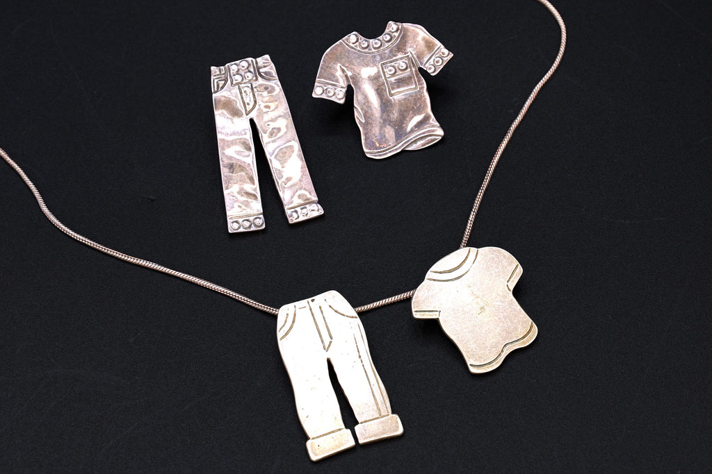Shirt And Pants, Figural Jewelry Designs With 2 Two Pendants In A Cable Chain And Large Stud Earrings, 925 Sterling Silver