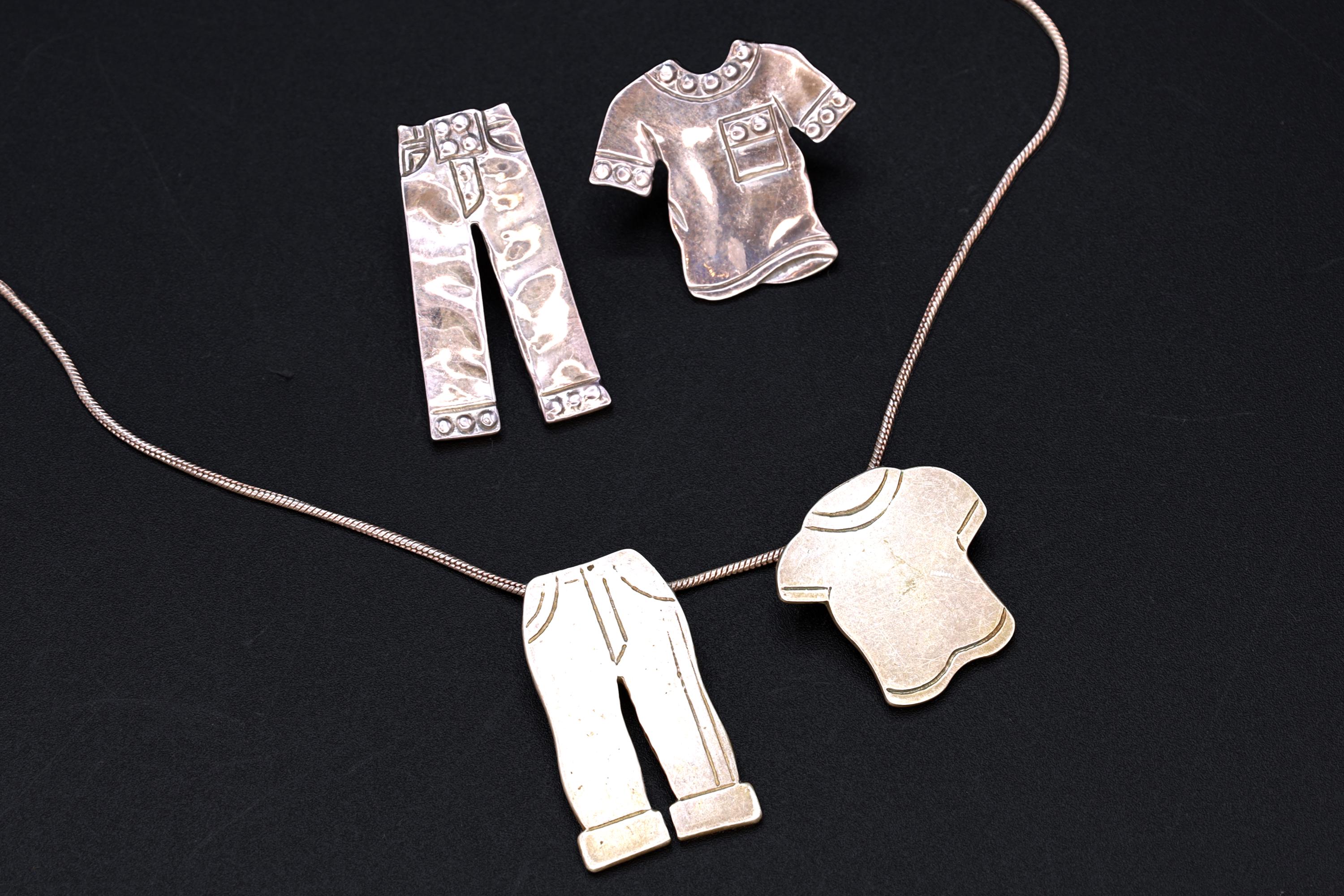 Shirt And Pants, Figural Jewelry Designs With 2 Two Pendants In A Cable Chain And Large Stud Earrings, 925 Sterling Silver