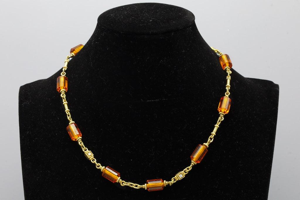 Judith Ripka Necklace, Clear White Diamonds, Orange Citrine Gemstones And 18 Karat Yellow Gold Links And 18K Chain, Luxury Jewelry Brands