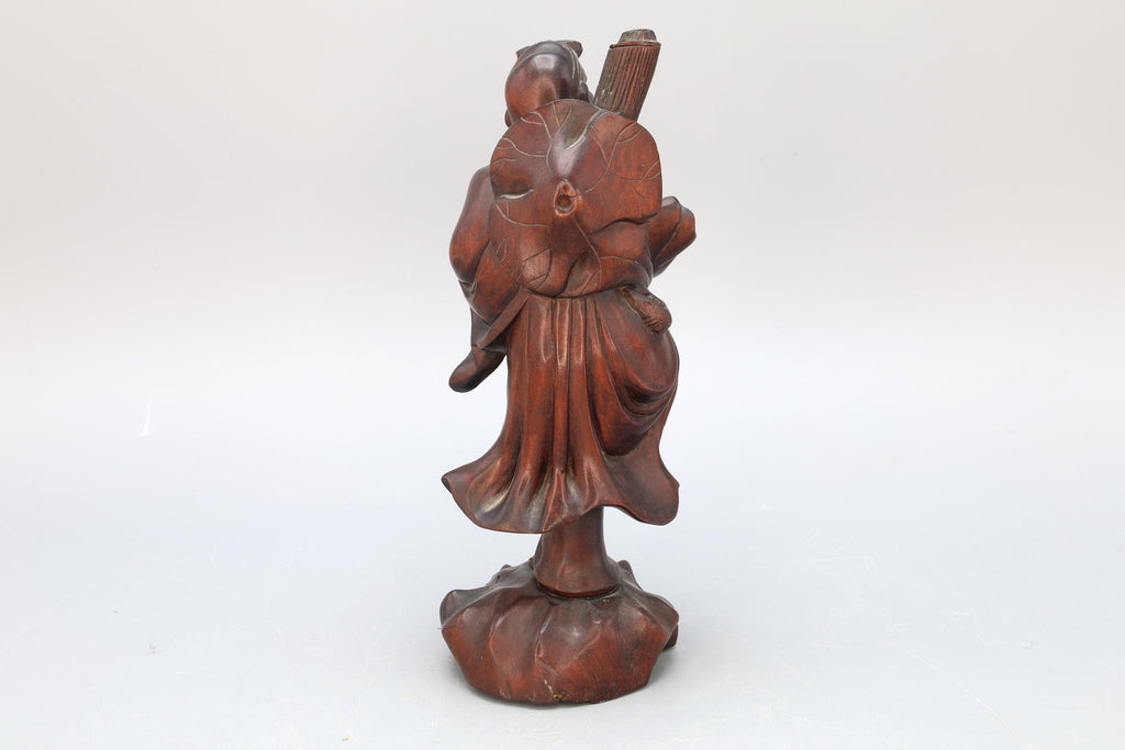 Antique Chinese Carved Wooden Statue Representing The Daoist Immortal Li Tieguai, Beggar Leaning On A Crutch, Oriental Arts And Crafts