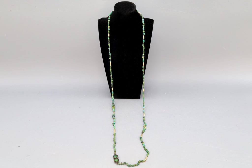 EXTRA LONG Vintage 1920s Chinese Exports Beaded Necklace, Green Turquoise And Sterling Silver, Gemstone Nuggets