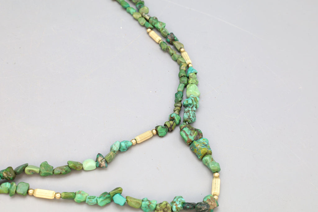 EXTRA LONG Vintage 1920s Chinese Exports Beaded Necklace, Green Turquoise And Sterling Silver, Gemstone Nuggets