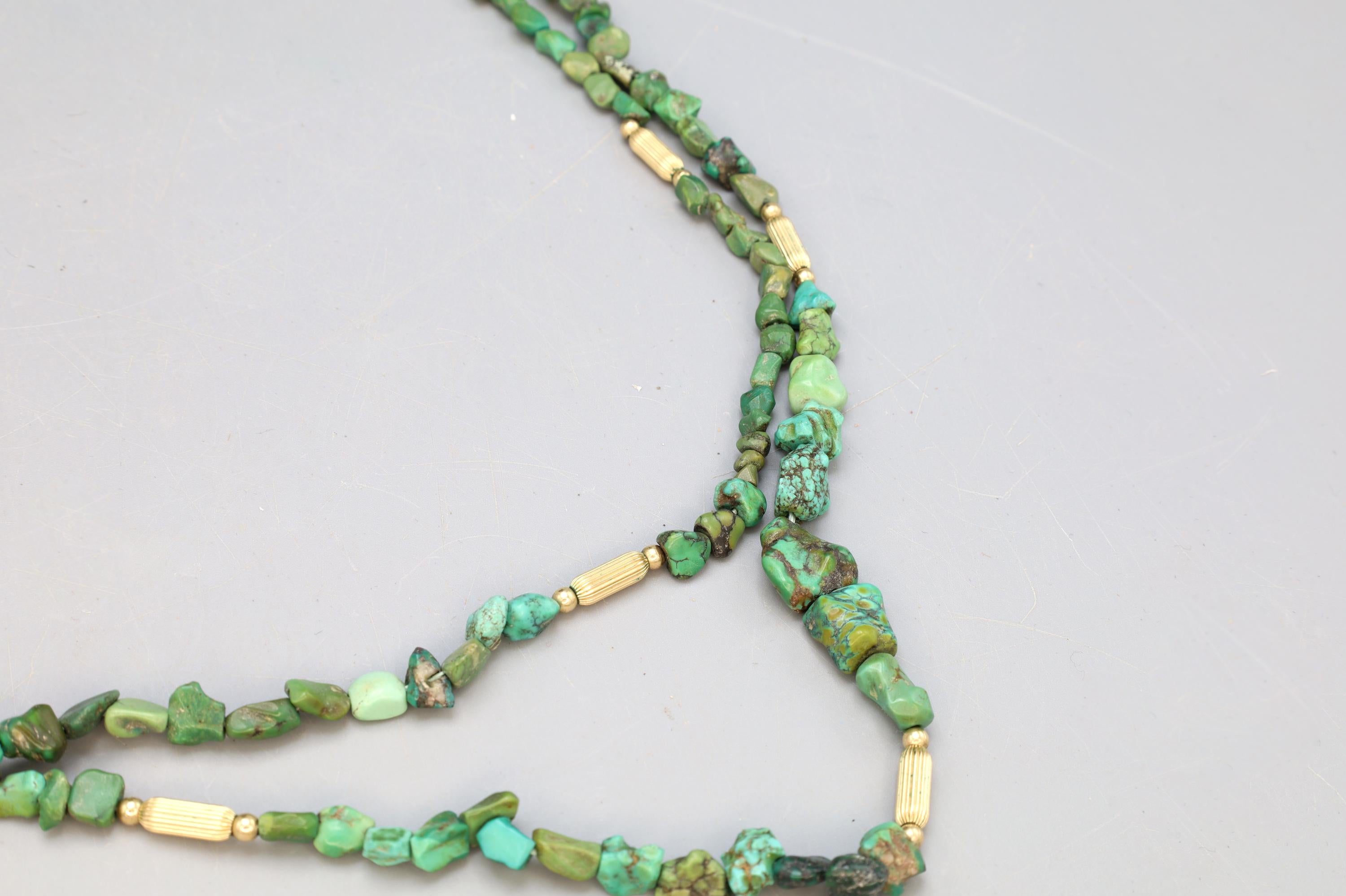 EXTRA LONG Vintage 1920s Chinese Exports Beaded Necklace, Green Turquoise And Sterling Silver, Gemstone Nuggets