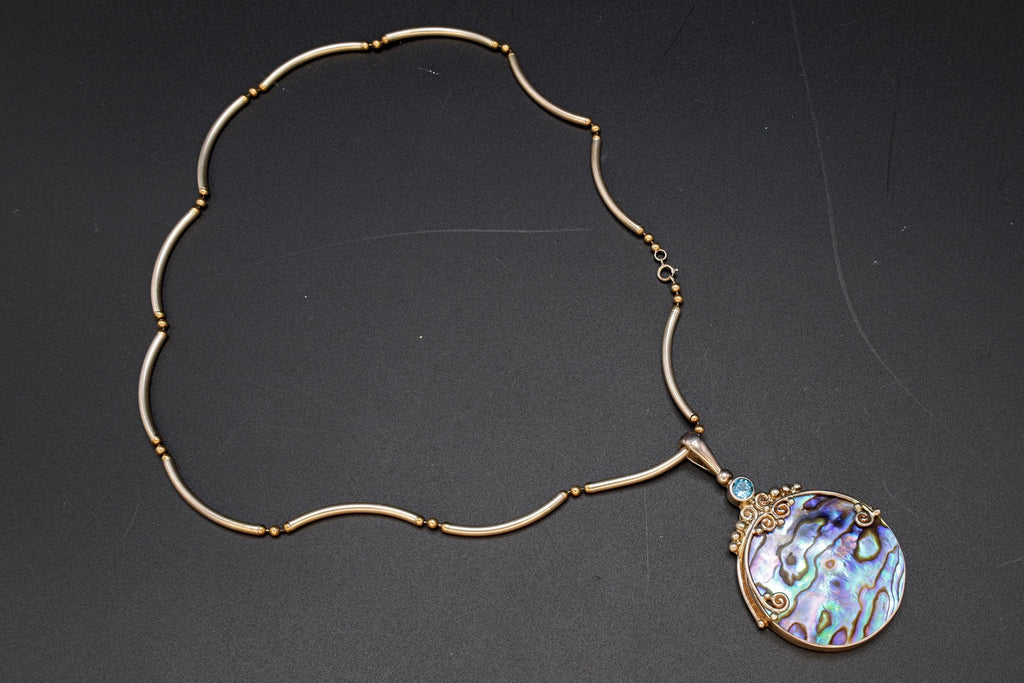 Vintage 1990s Sajen Jewelry, Paua Shell Abalone And Topaz On Sterling Silver Settings, Bar And Ball Chain Necklace, Fashion Accessories