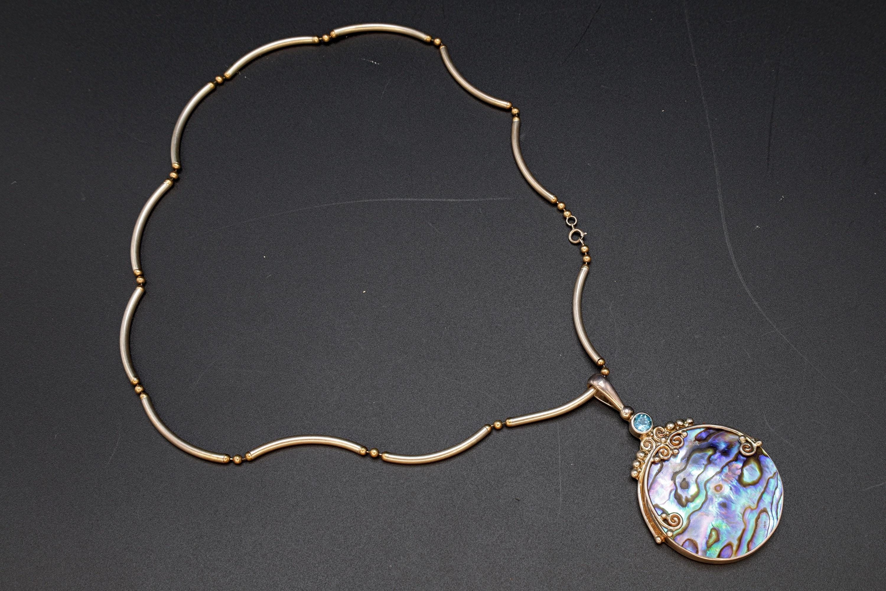 Vintage 1990s Sajen Jewelry, Paua Shell Abalone And Topaz On Sterling Silver Settings, Bar And Ball Chain Necklace, Fashion Accessories