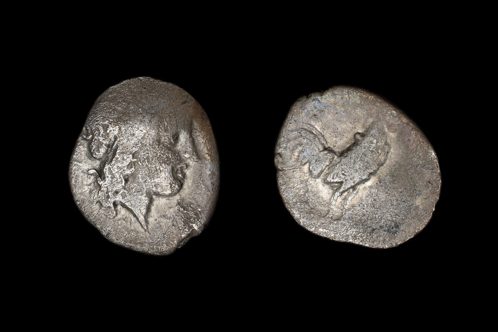Neapolis Campania AR Coin, Ancient 300 To 275 BCE Silver Triobol With Apollo Head And Cockerel Rooster, Collectibles And Numismatics