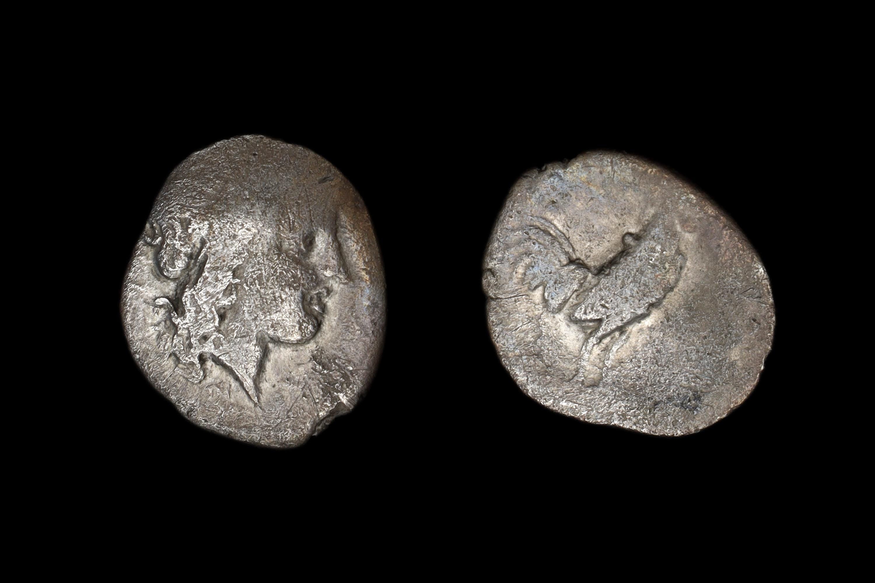 Neapolis Campania AR Coin, Ancient 300 To 275 BCE Silver Triobol With Apollo Head And Cockerel Rooster, Collectibles And Numismatics