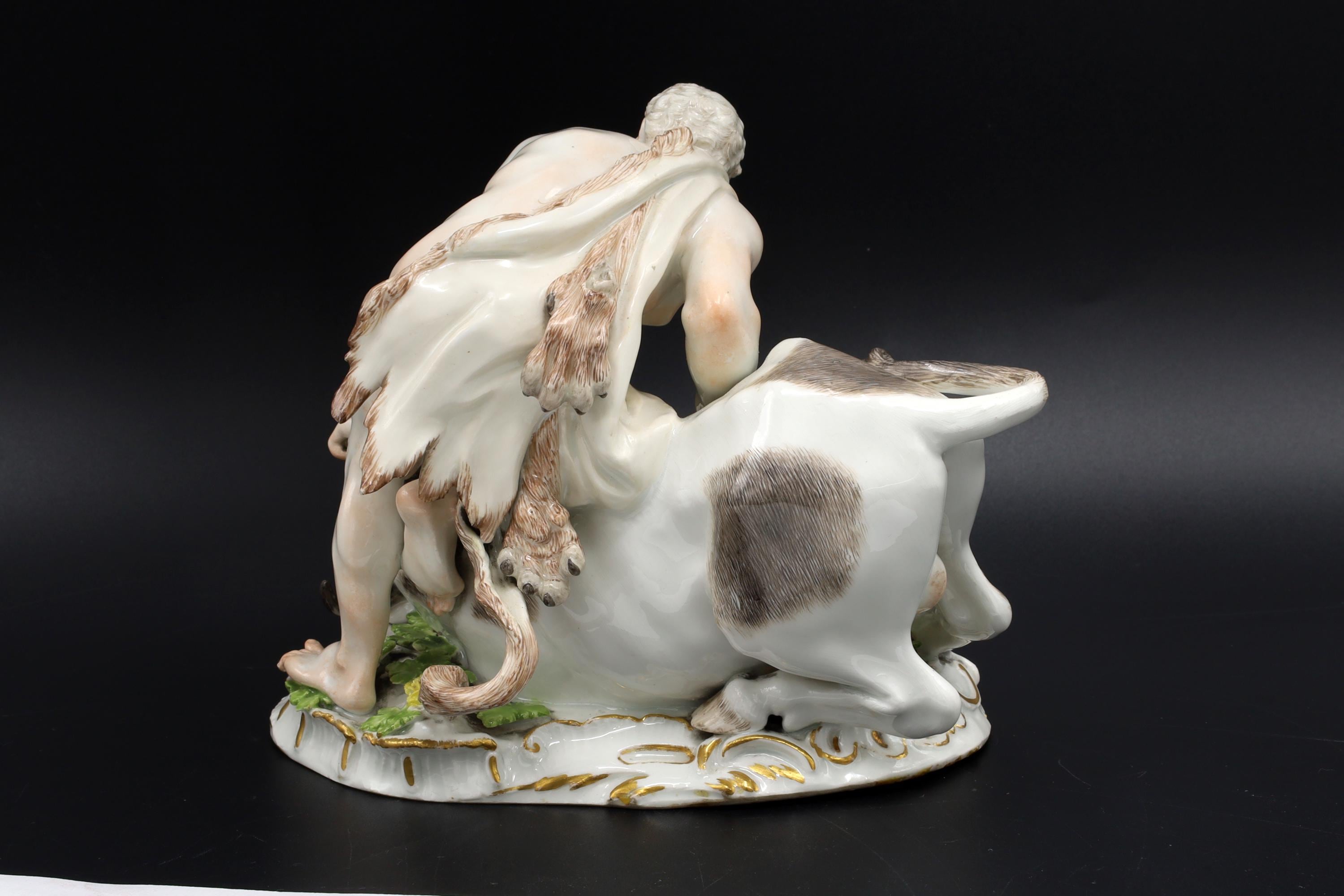 Antique Meissen Porcelain Figure, Hercules Capturing the Cretan Bull, Germany 18th Century Art. Rare Piece