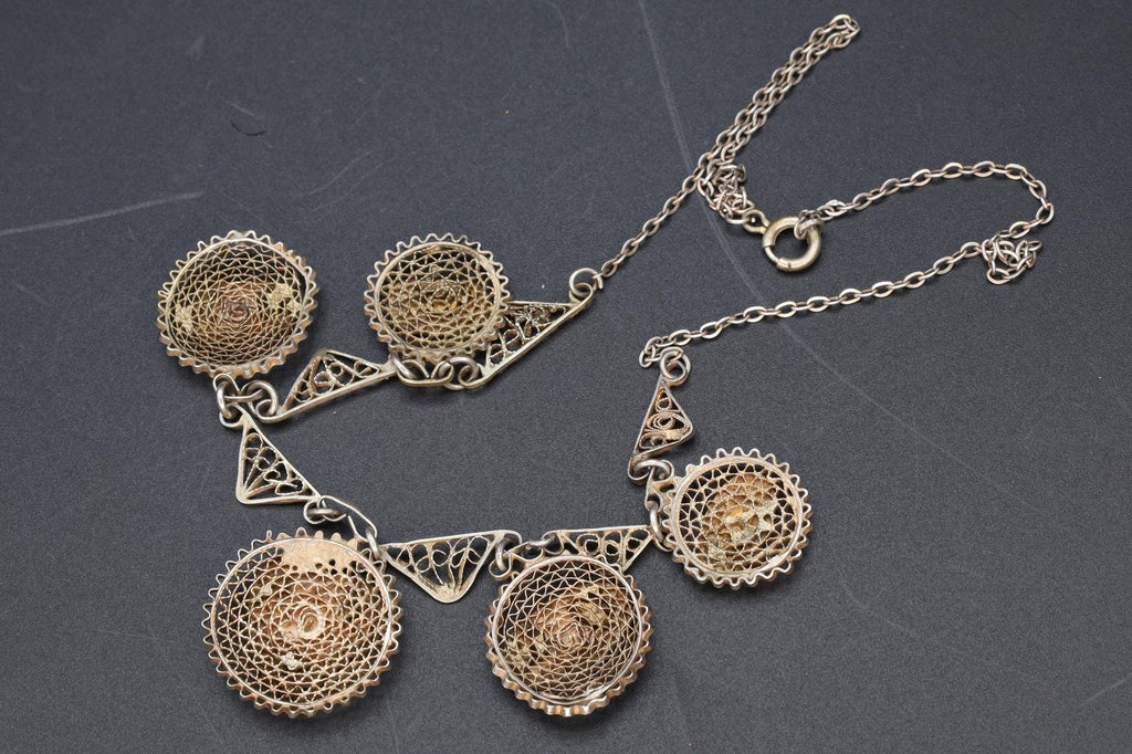 Art Deco Egypt Bib Necklace, 900 Silver And Rose Gold Wash, Filigree Wirework Medallions, Middle East And North African Fashion Accessories