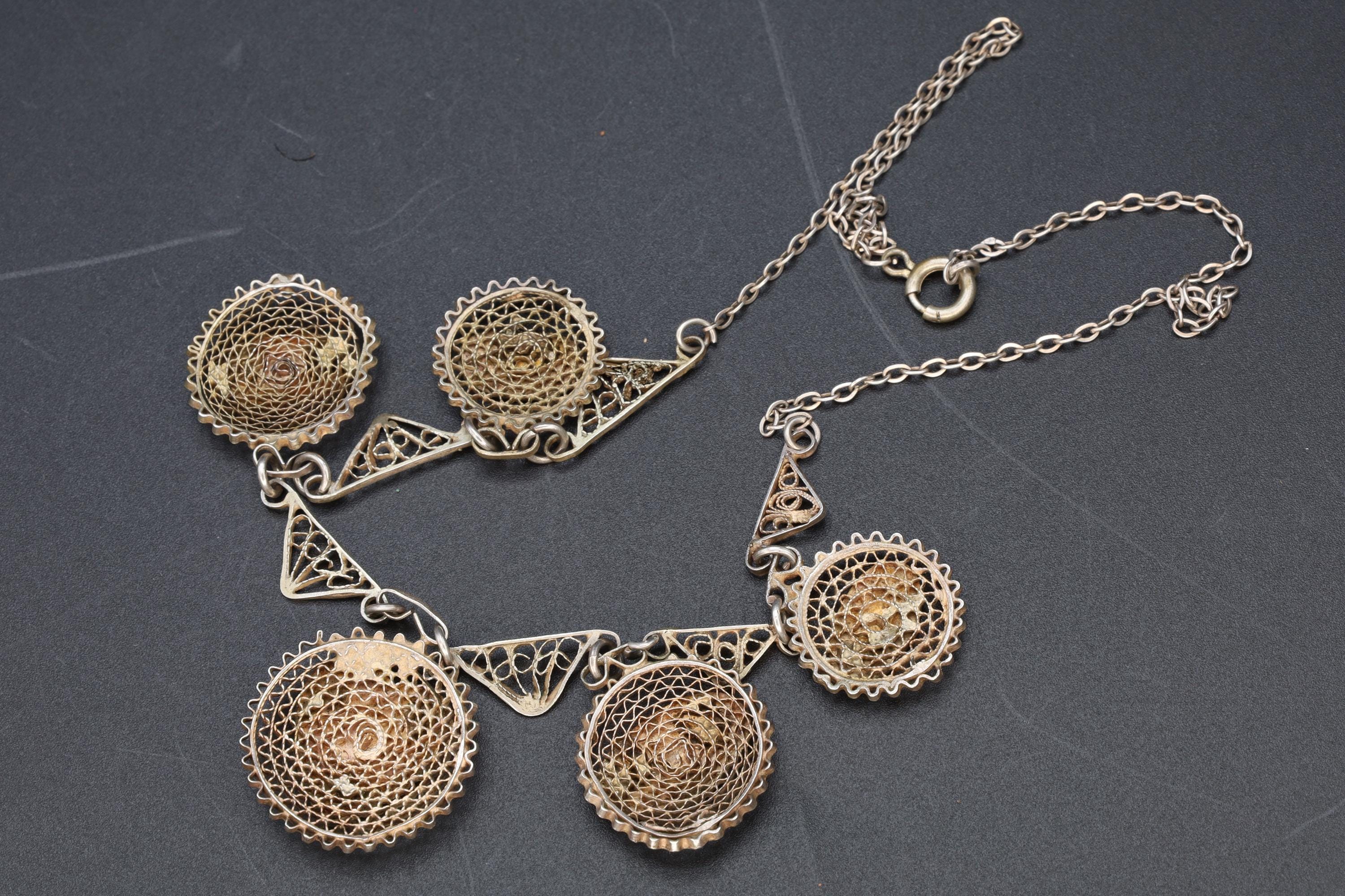Art Deco Egypt Bib Necklace, 900 Silver And Rose Gold Wash, Filigree Wirework Medallions, Middle East And North African Fashion Accessories
