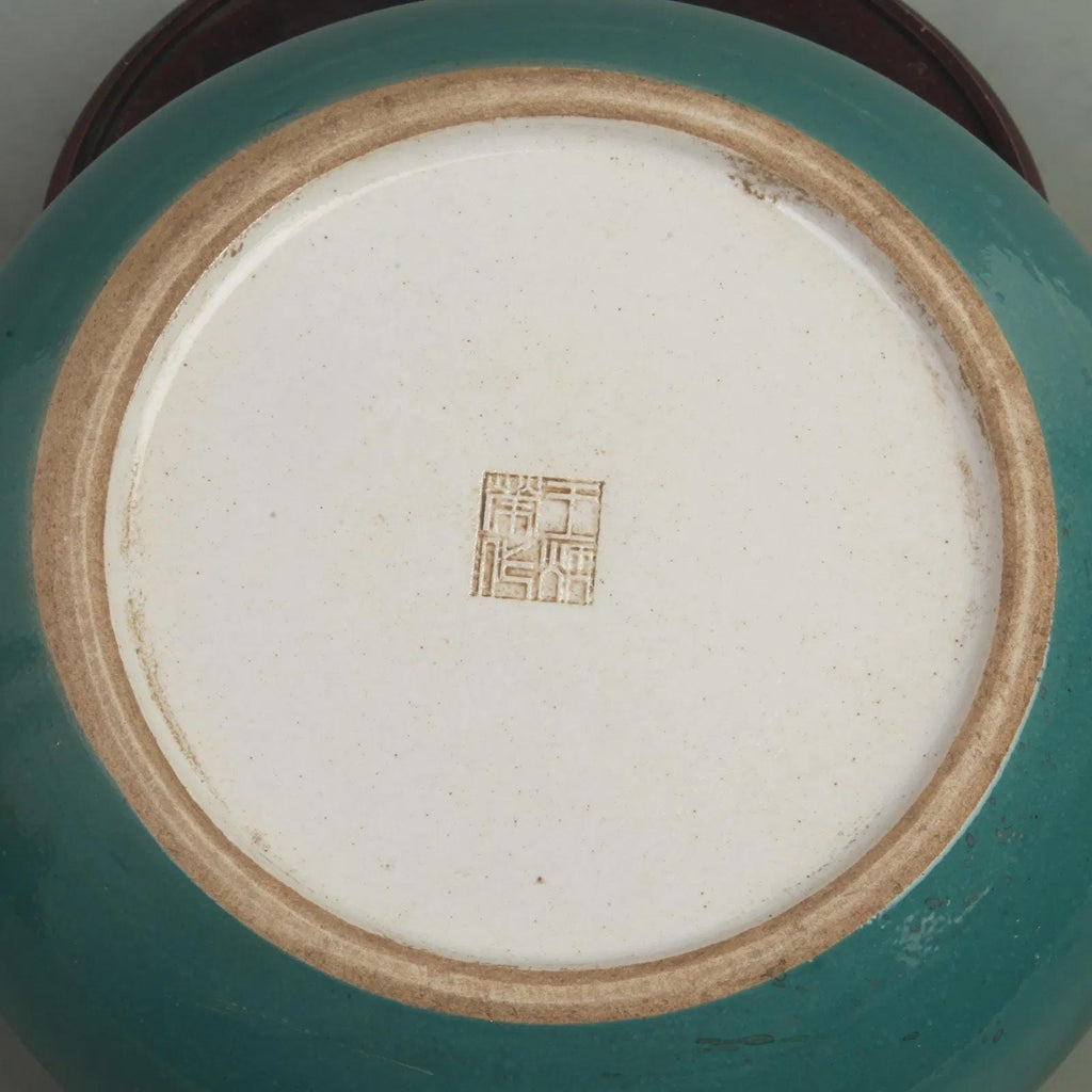 Antique Wang Bingrong's Peacock Green Glazed Inner Carved Porcelain Brush Washer,  Flower Pot In A Qing Dynasty Style, Oriental Home Decor