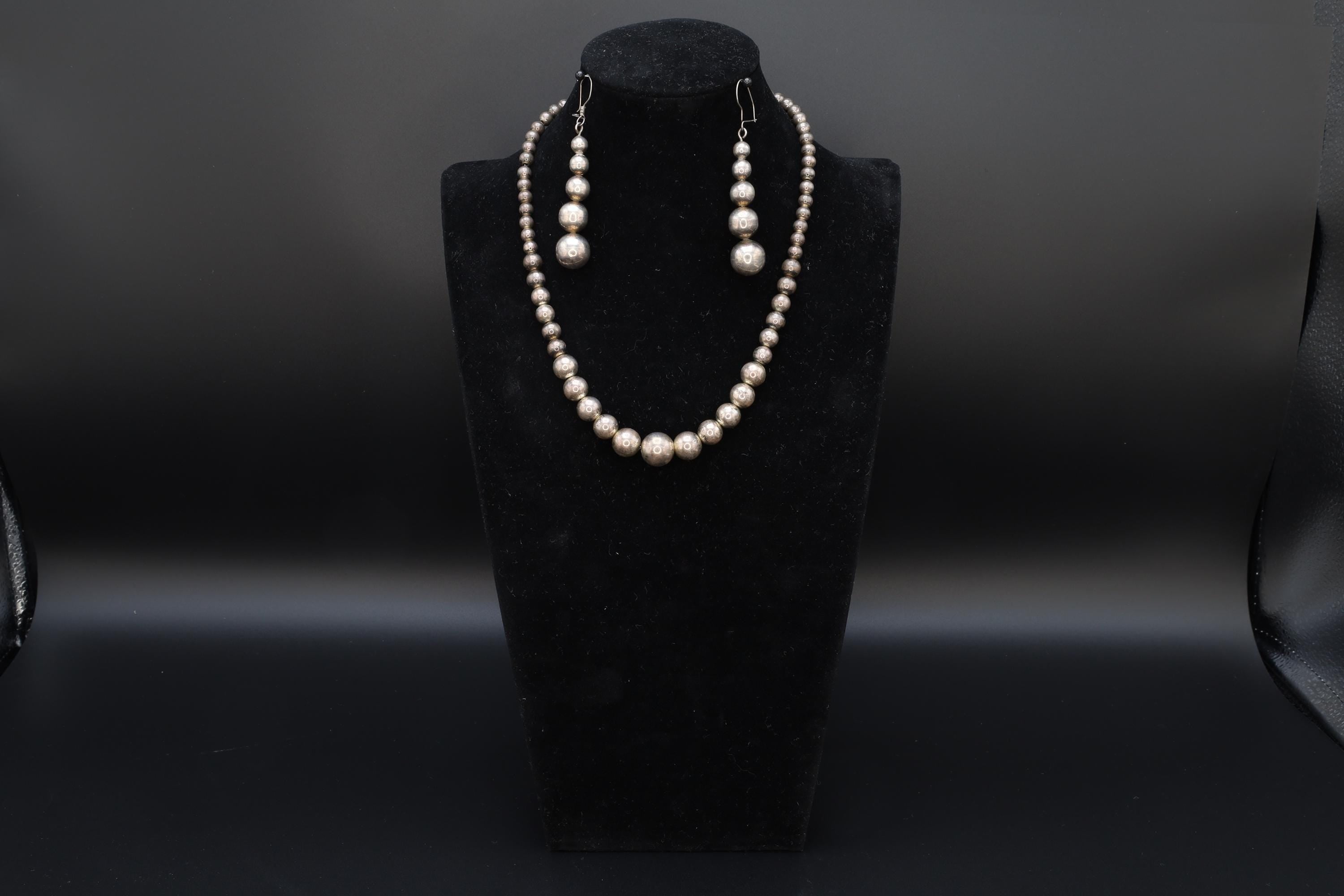 Mid Century Graduated Ball Beads Jewelry Set, A Beaded Necklace And Large Dangle Earrings, 925 Sterling Silver, Retro Fashion Accessories