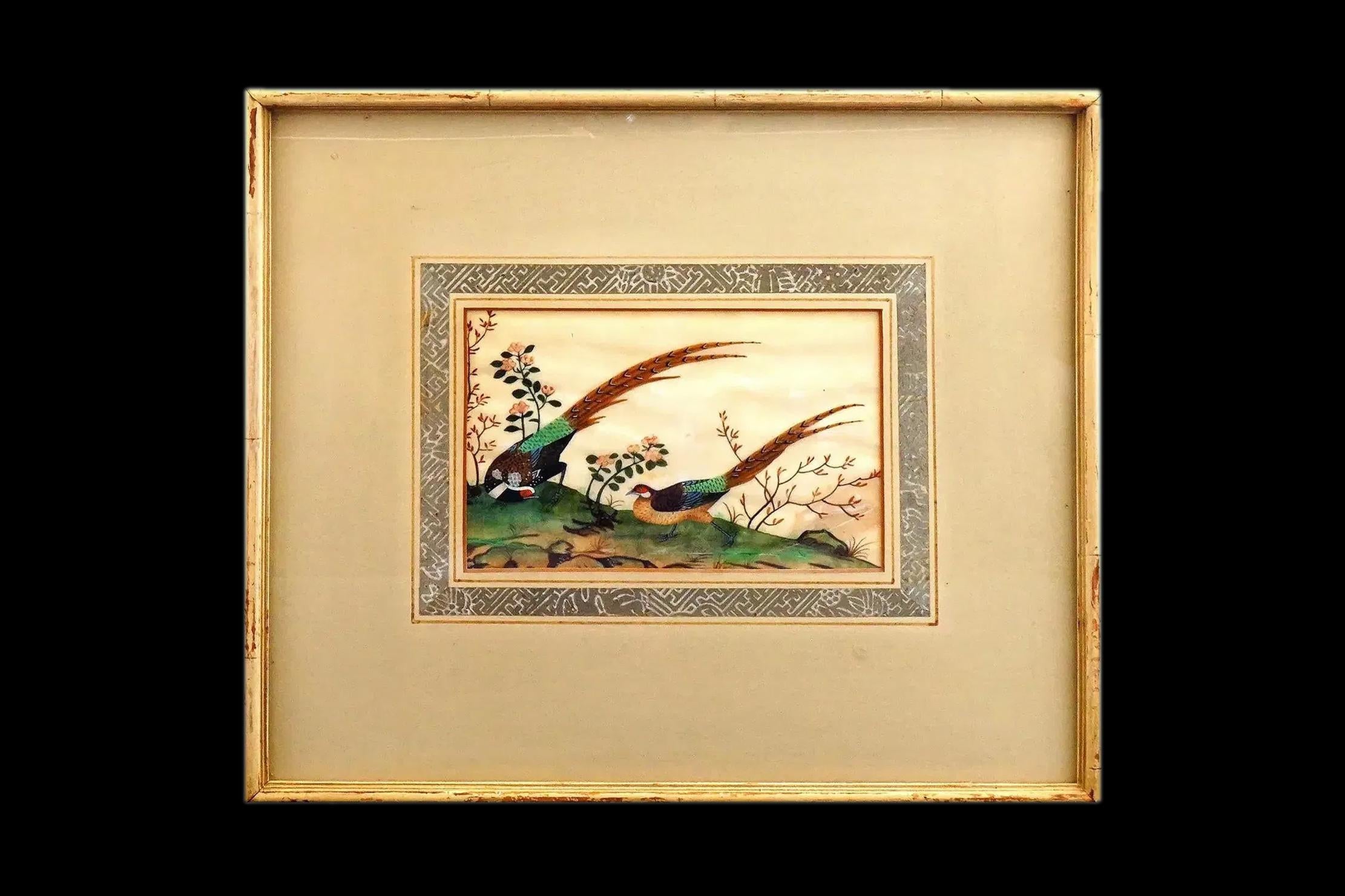 Antique 19th Century Imperial China Qing Dynasty Artwork, Pheasants Birds In A Garden, Painting In Rice Paper, Oriental Art Collectibles