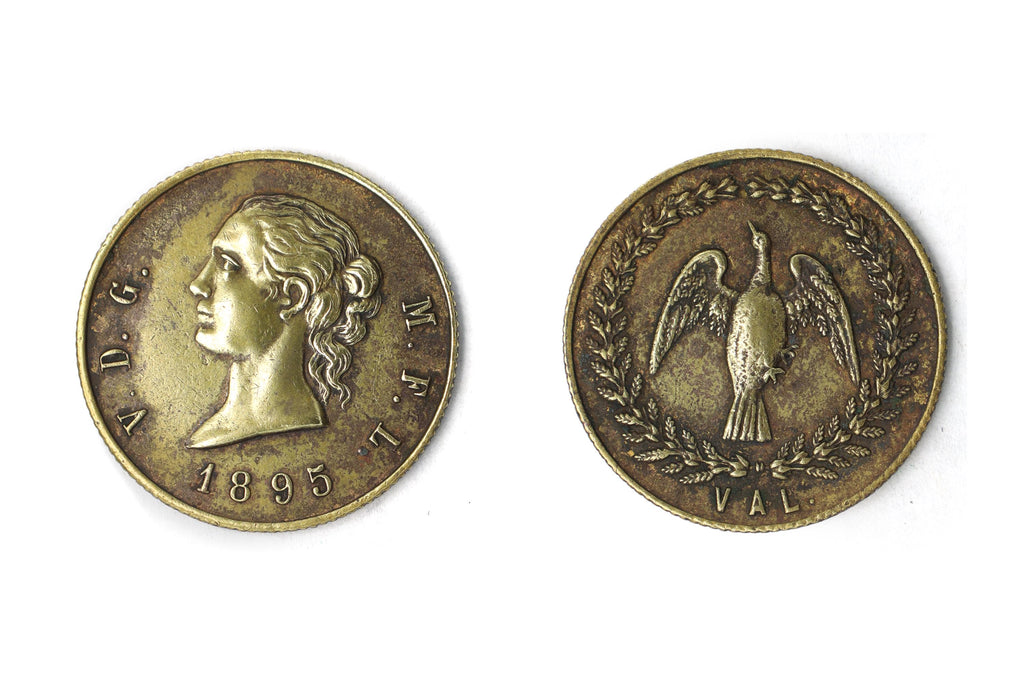 Antique Gay Maverick Val, Victorian Period Tokens Made Out Solid Brass Bronze Metal. Circulated Coin Exonumia, M. F. L. 1895 V. D. G.