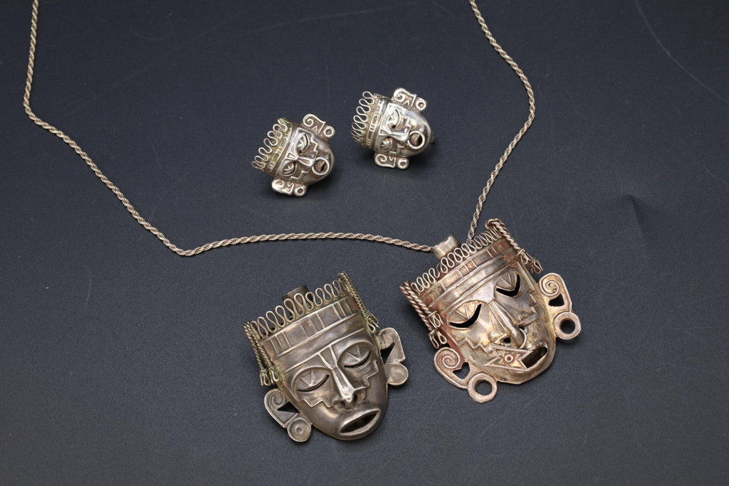 Taxco Mexico Jewelry Set, Pendant Necklace, Brooch, Matching Earrings, Warrior Aztec Mask In Art Deco Style, Vintage 1940s Sterling Silver