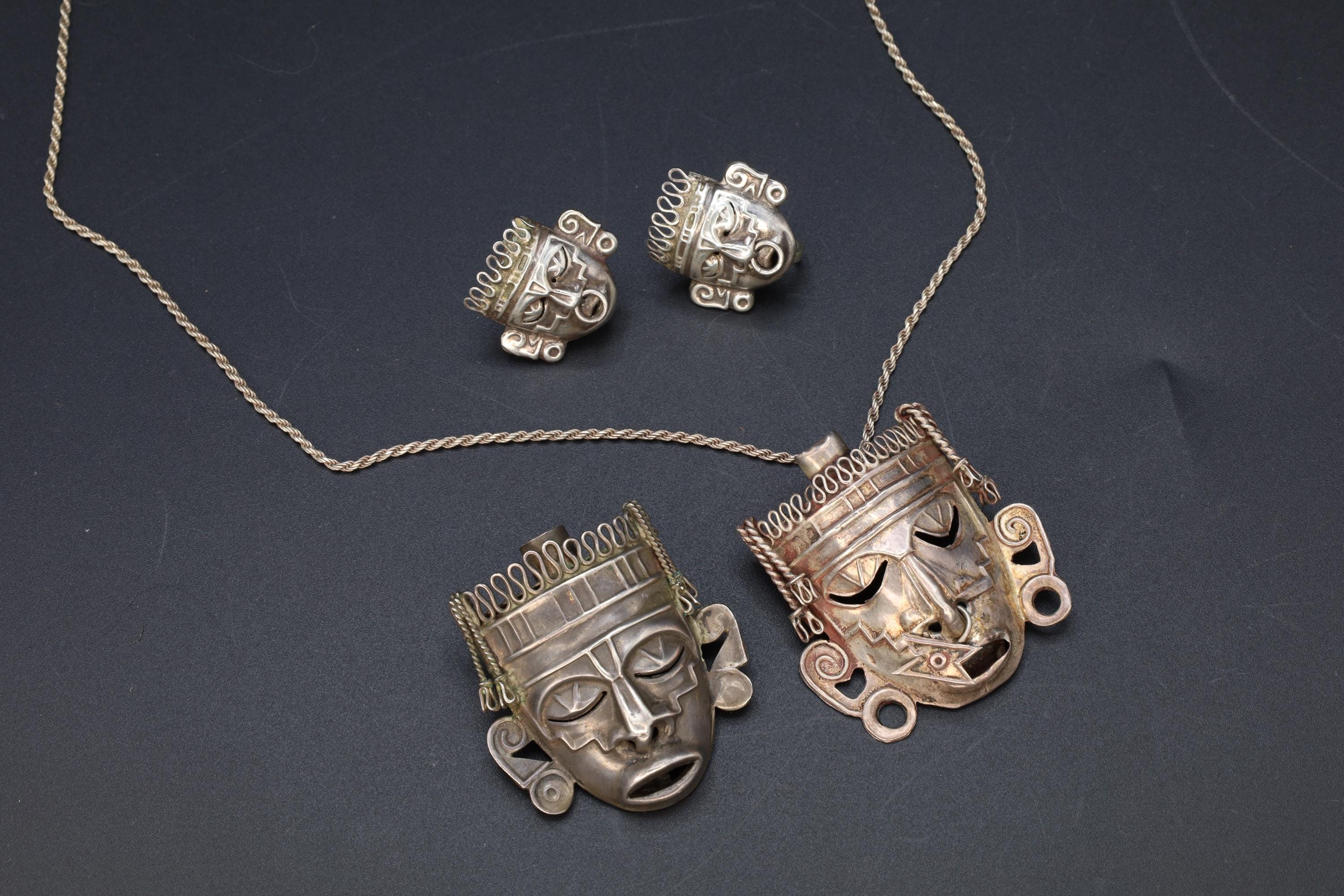 Taxco Mexico Jewelry Set, Pendant Necklace, Brooch, Matching Earrings, Warrior Aztec Mask In Art Deco Style, Vintage 1940s Sterling Silver