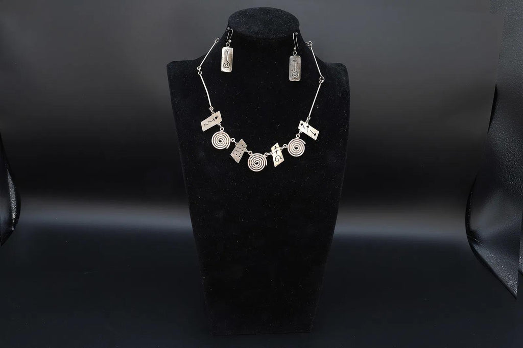 Vintage 1990s Jewelry Set, Bib Necklace And Dangle Earrings, Modernist Design, Mexican 925 Sterling Silver
