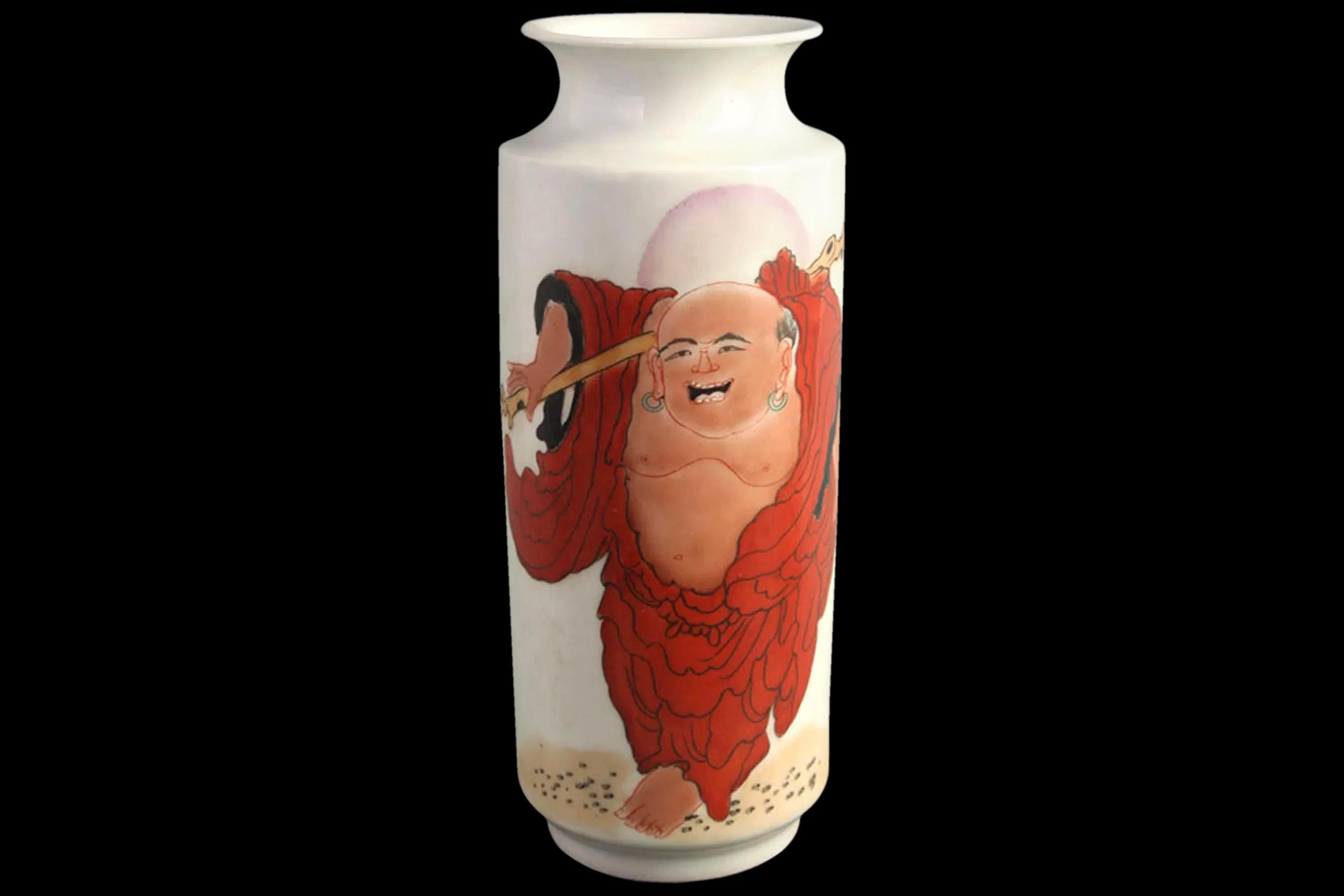Antique Famille Rose Barrel Vase, Imperial Qing Dynasty China, A Flower Vessel With Happy Buddha, Budai Arhat, Oriental Home Decor And Art