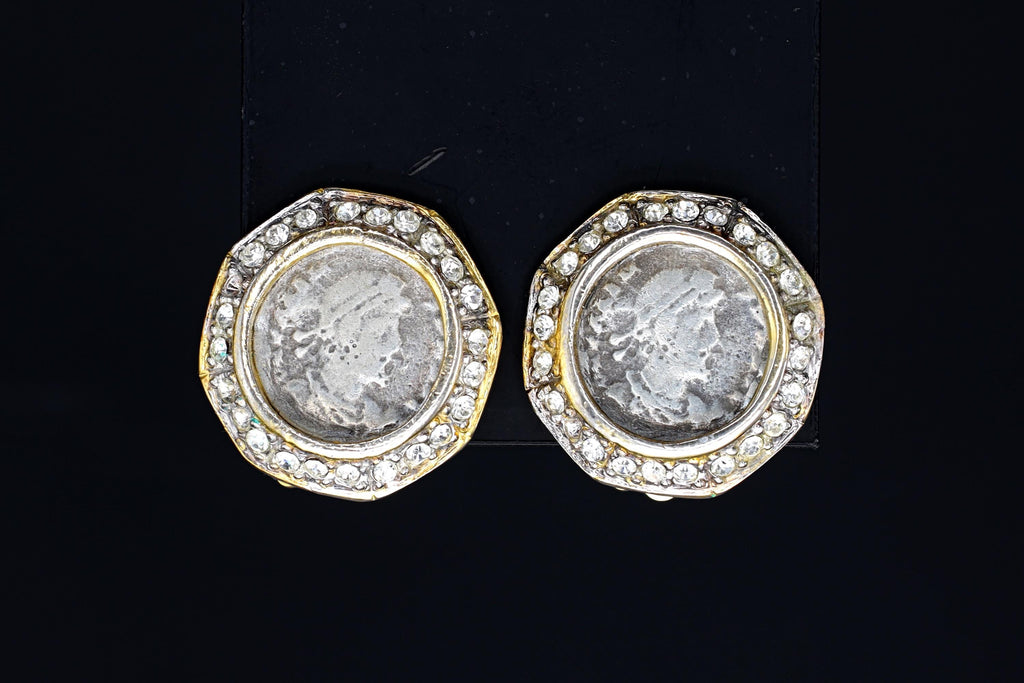 Vintage Kenneth Jay Lane Jewelry, Clip On Earrings With Roman Coin And Clear Stone Accents On Gold Tone Base