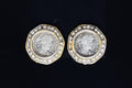 Vintage Kenneth Jay Lane Jewelry, Clip On Earrings With Roman Coin And Clear Stone Accents On Gold Tone Base