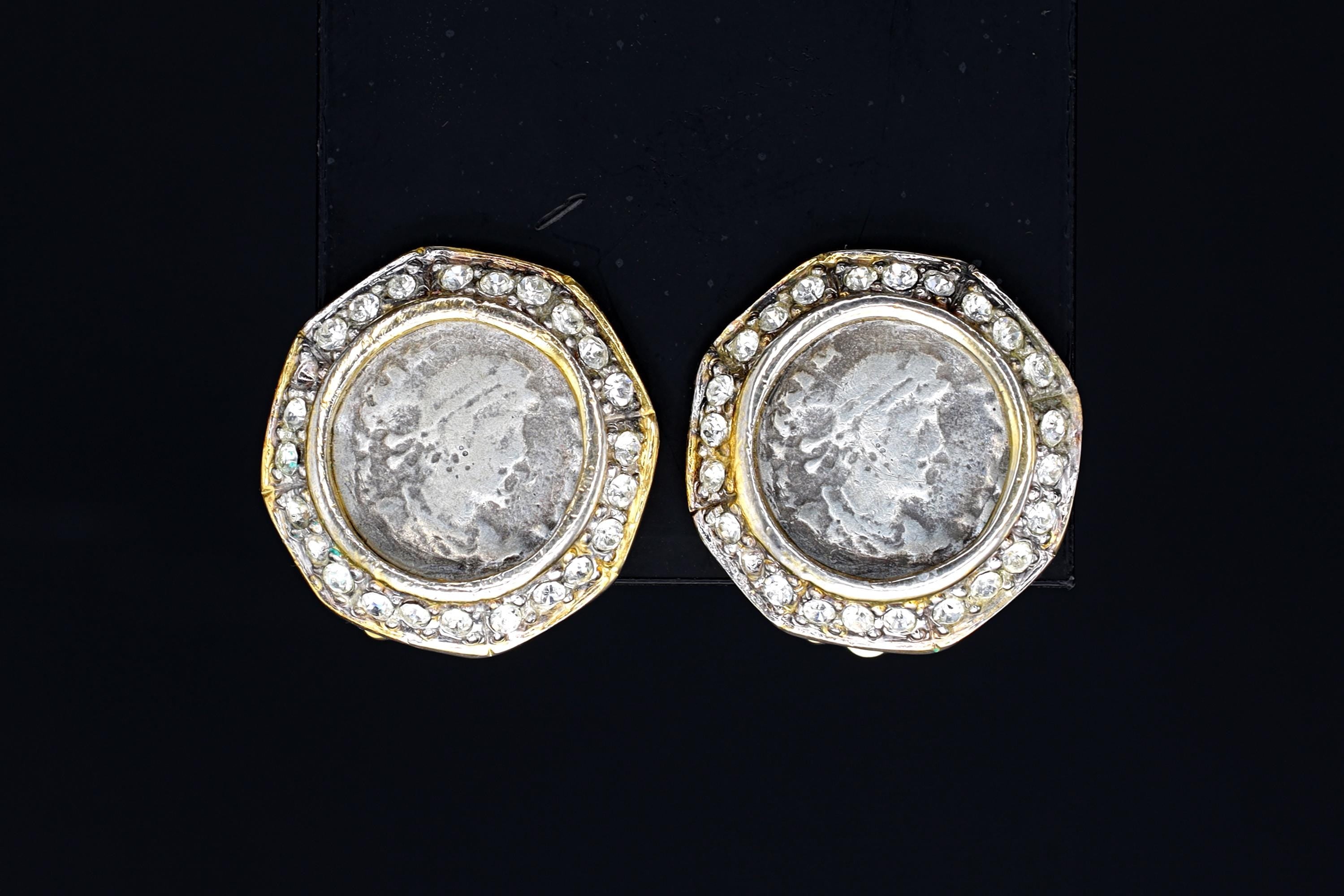 Vintage Kenneth Jay Lane Jewelry, Clip On Earrings With Roman Coin And Clear Stone Accents On Gold Tone Base