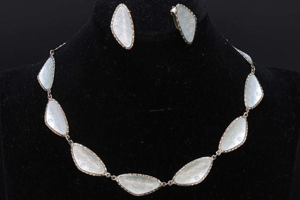 Andresen Scheinpflug, Vintage Modernist Jewelry Set, White Enamel And 925 Sterling Silver, Oval Ear Panel Links, Norway Scandinavian Fashion