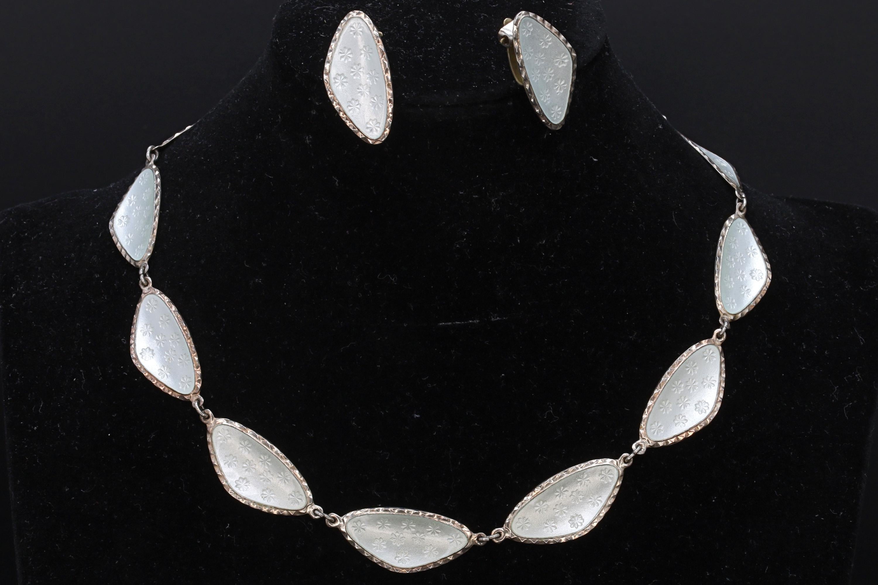 Andresen Scheinpflug, Vintage Modernist Jewelry Set, White Enamel And 925 Sterling Silver, Oval Ear Panel Links, Norway Scandinavian Fashion