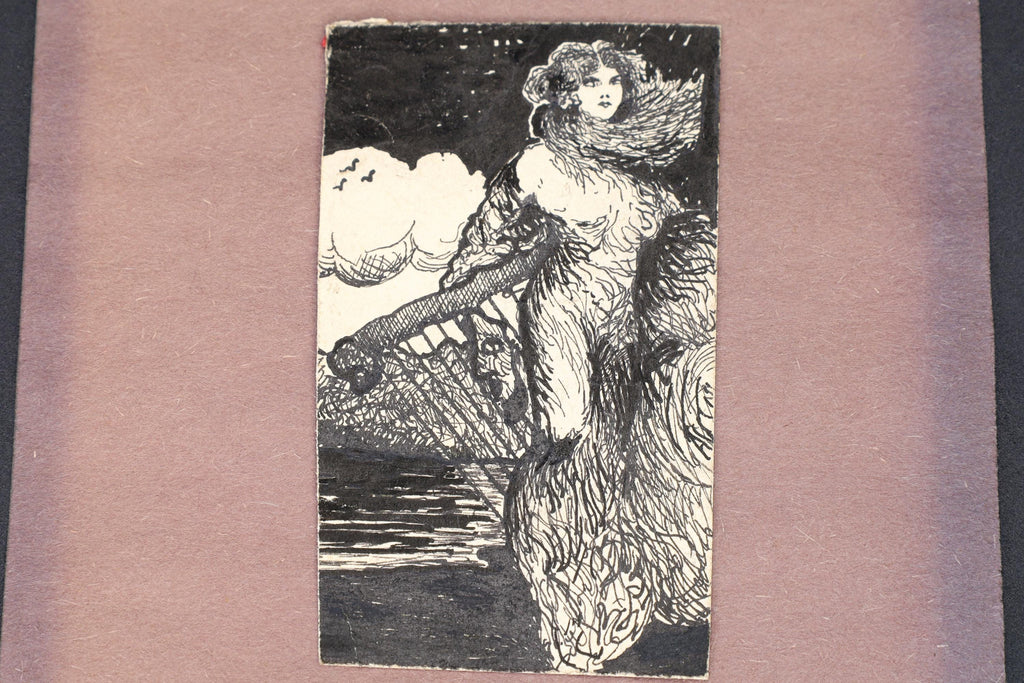 Muse of The Artist, Antique 1900s Art Nouveau Ink Painting On Paper By Paulo Antonini, Signed, Italian American Miniature Female Portrait