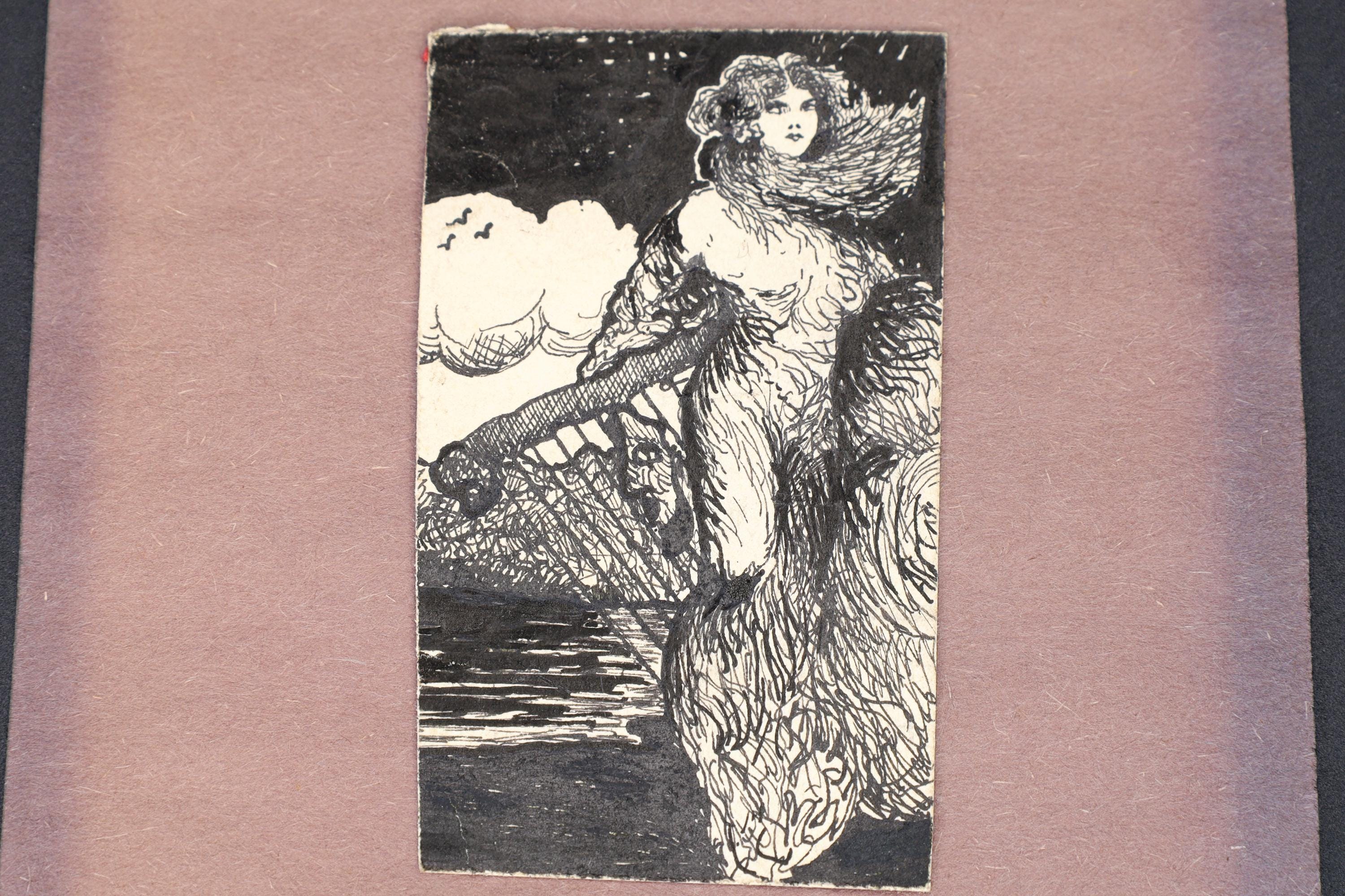 Muse of The Artist, Antique 1900s Art Nouveau Ink Painting On Paper By Paulo Antonini, Signed, Italian American Miniature Female Portrait