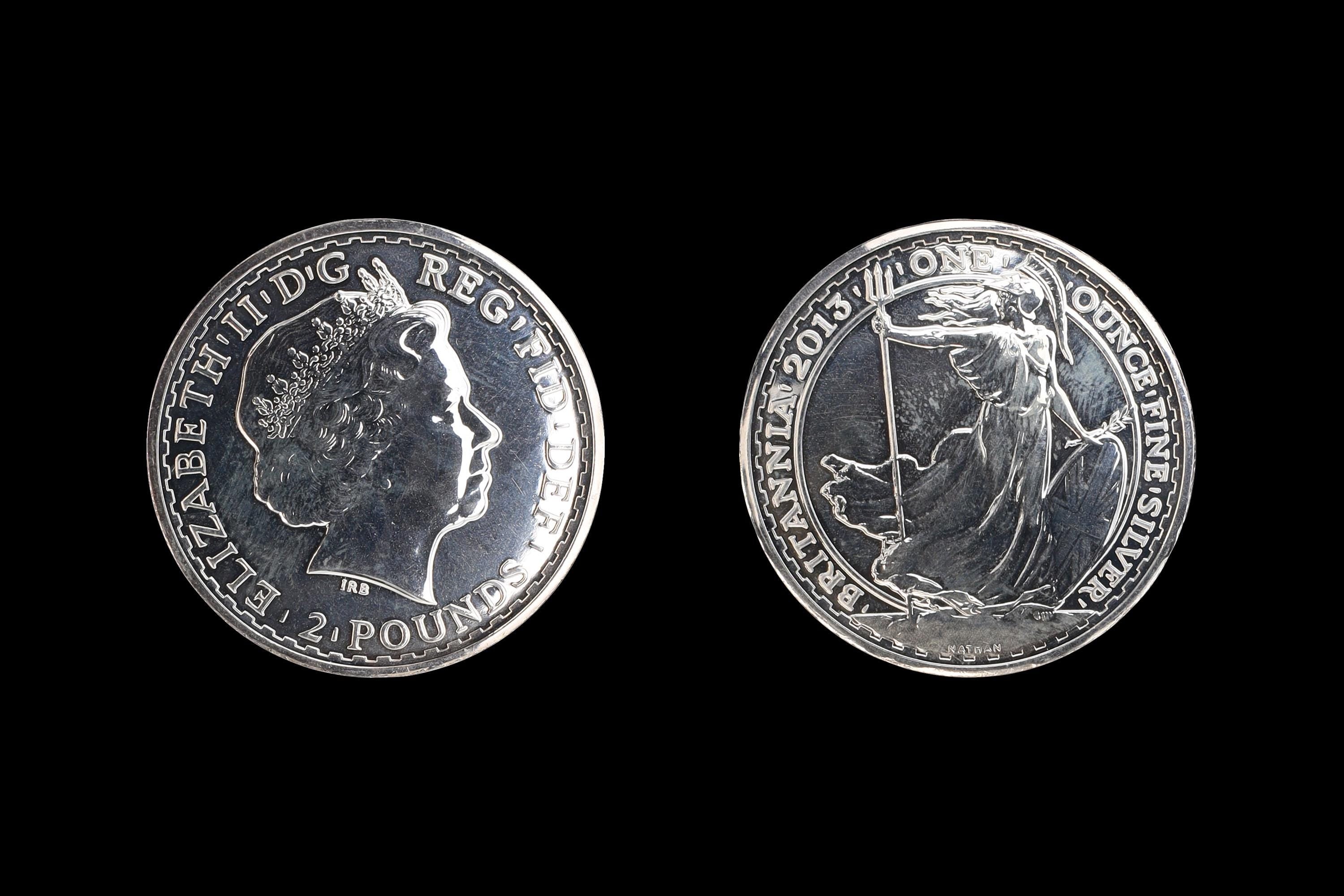 Britannia 2013 Two 2 Pounds, Queen Elizabeth II Of United Kingdom, 4th Portrait, 1 oz Fine Silver Rounds Bullions, Numismatics Collectibles