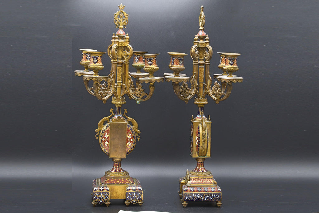 Late 19th Century, Clock And Candelabra Set Morish Style Retailed By Tiffany's In France, Art Nouveau Set