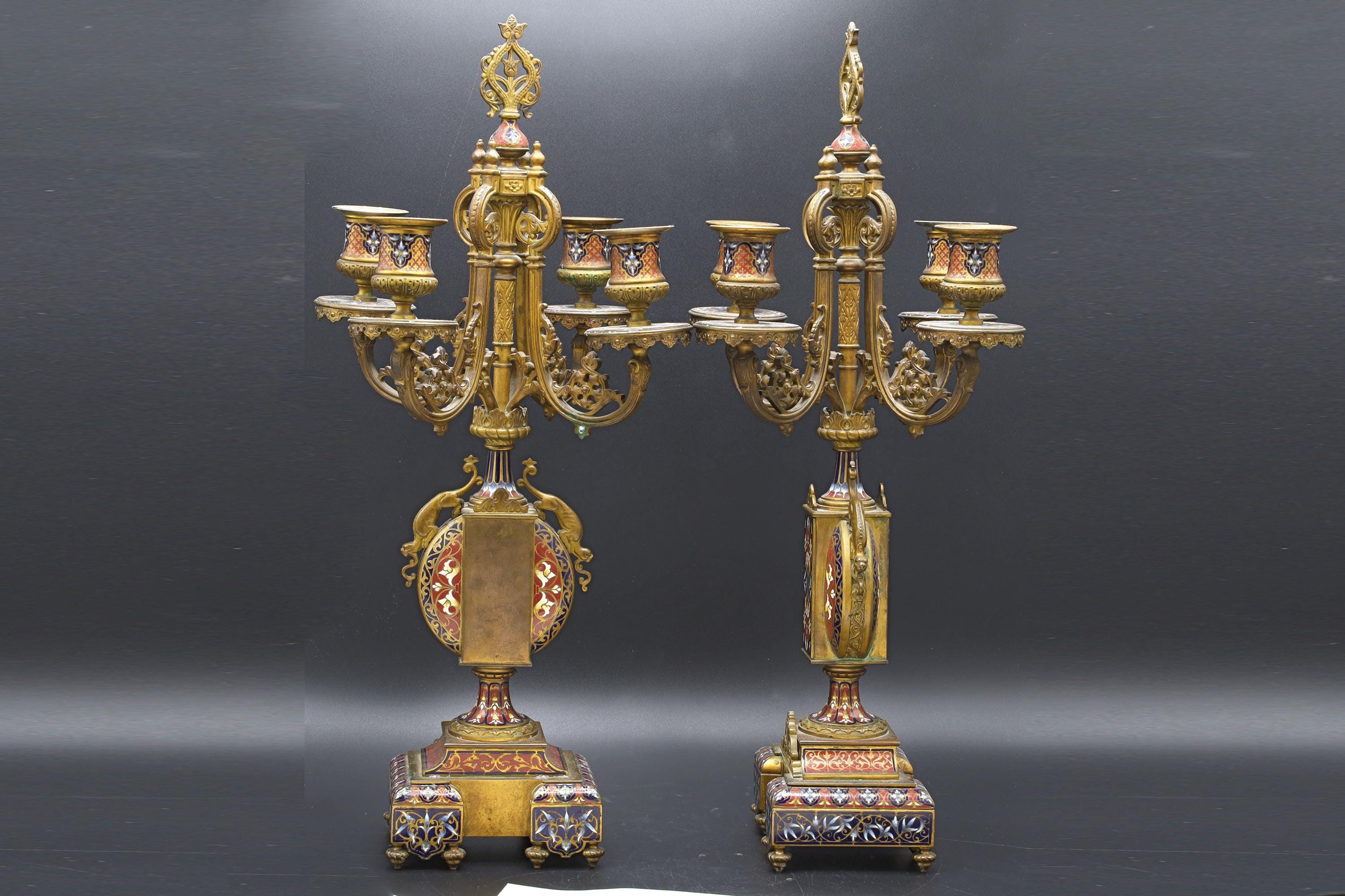 Late 19th Century, Clock And Candelabra Set Morish Style Retailed By Tiffany's In France, Art Nouveau Set