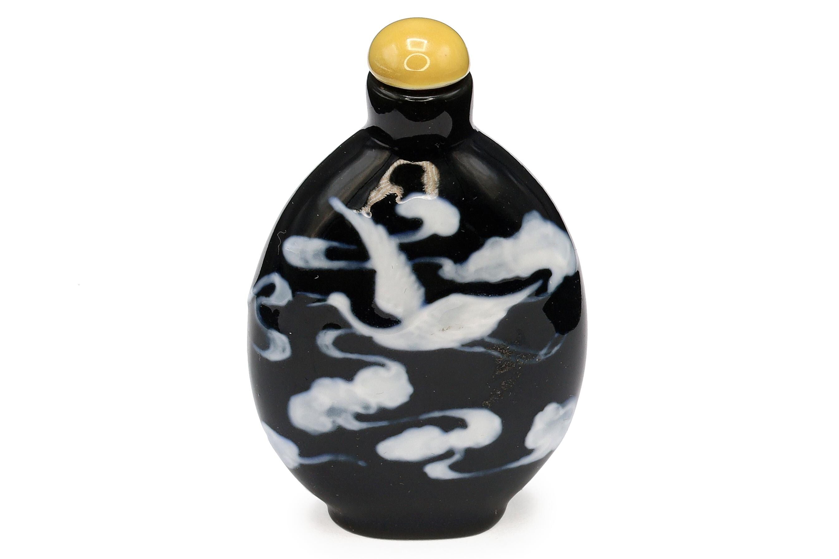 Antique Mid 19th Century Snuff Bottle Black And White Peking Glass With Crane Birds, Good Luck, Asian Oriental Arts, Tobacciana