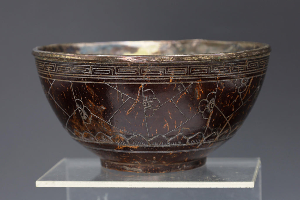 Qing Dynasty Libation Bowl, A 19th Century Chinese Carved Coconut Shell And Silvered Lined Bowl Cup, Circa 1890s East Asia Collectibles