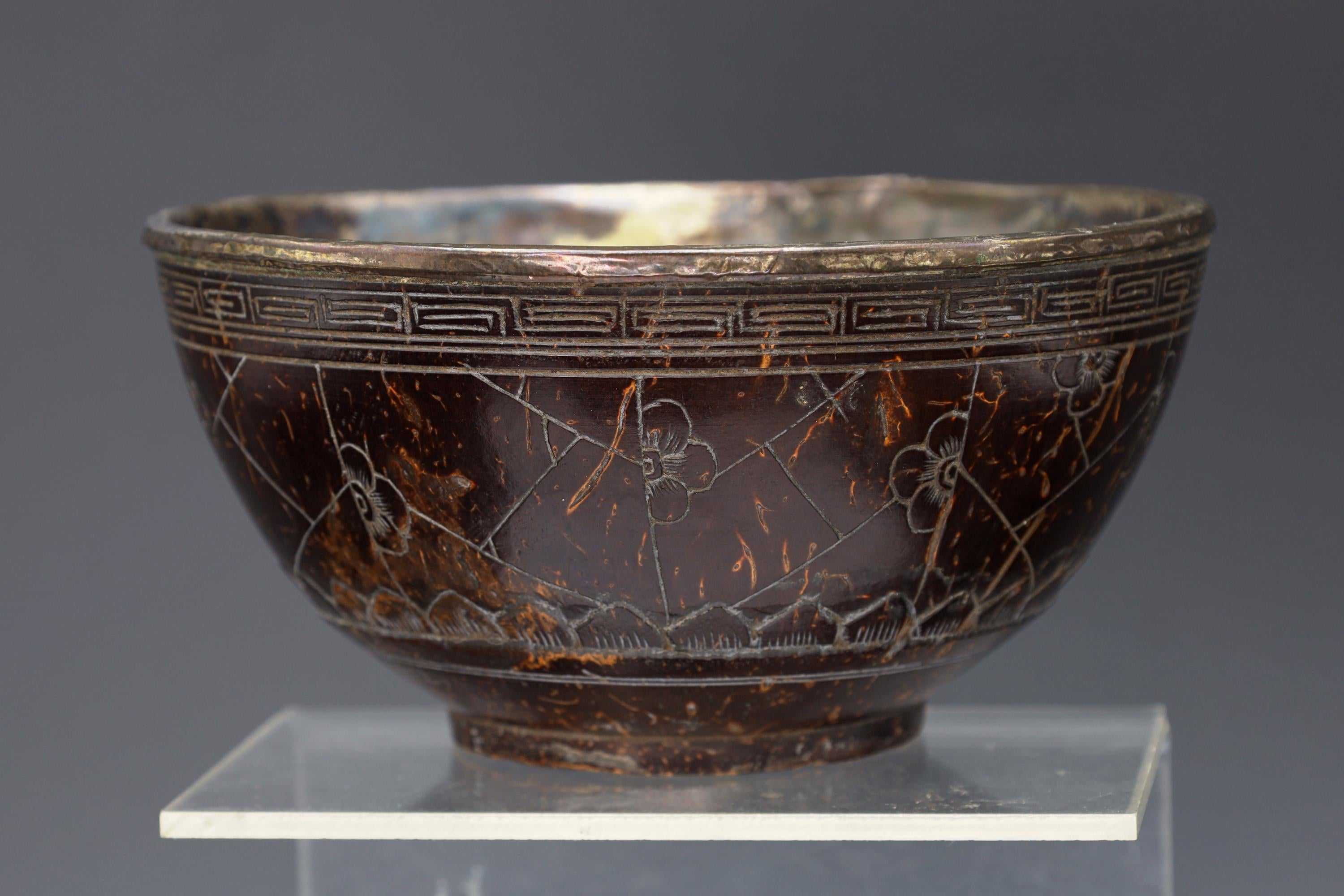 Qing Dynasty Libation Bowl, A 19th Century Chinese Carved Coconut Shell And Silvered Lined Bowl Cup, Circa 1890s East Asia Collectibles