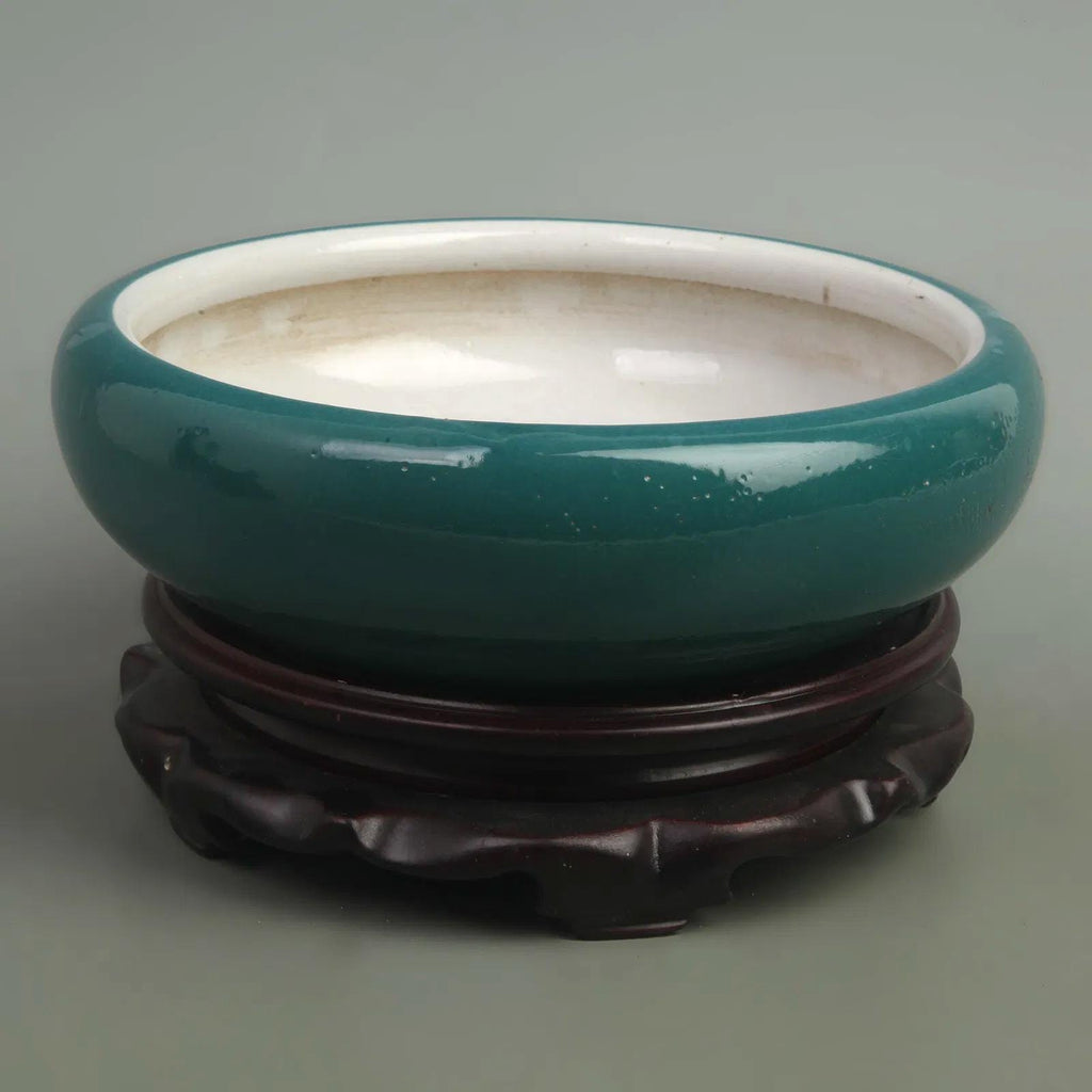 Antique Wang Bingrong's Peacock Green Glazed Inner Carved Porcelain Brush Washer,  Flower Pot In A Qing Dynasty Style, Oriental Home Decor