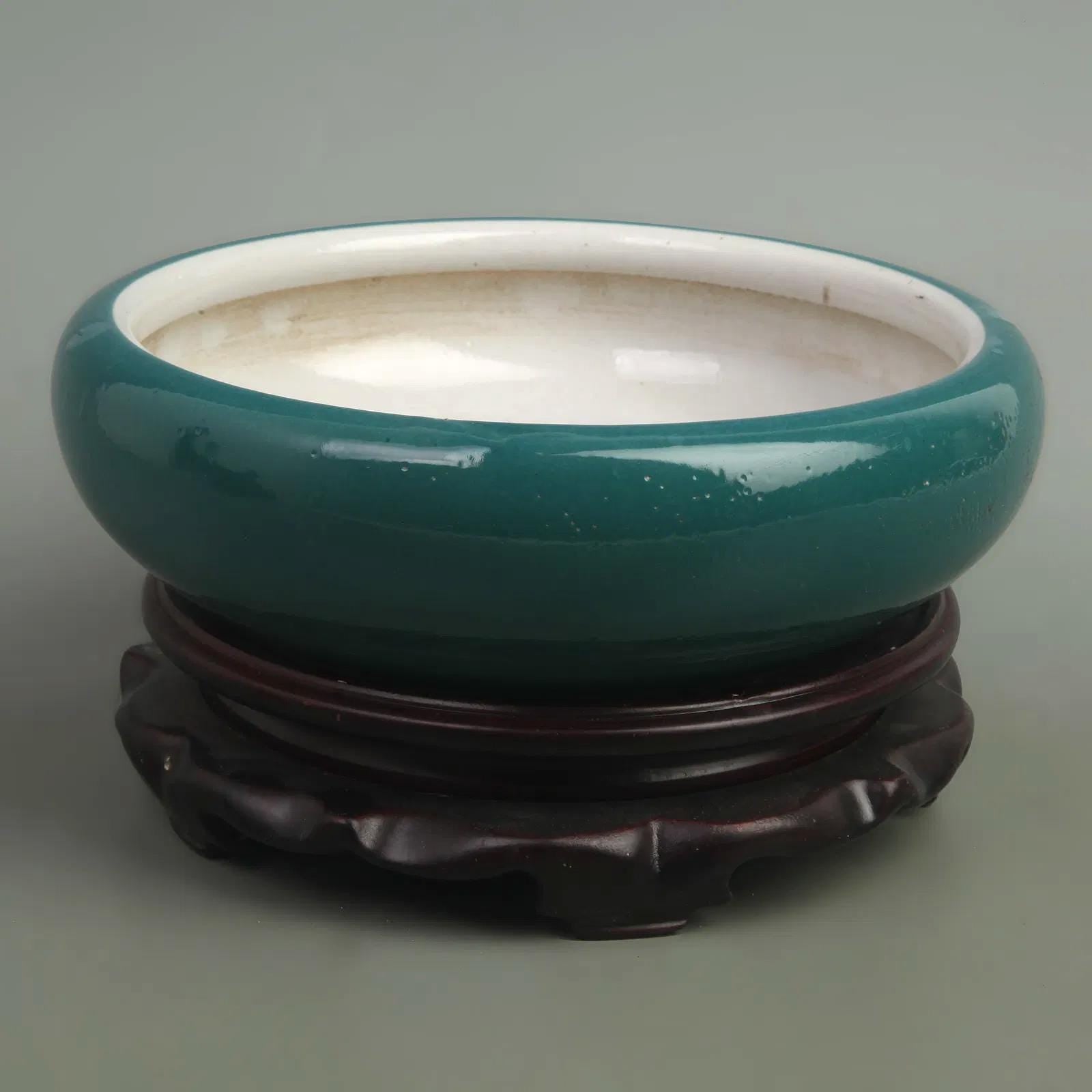 Antique Wang Bingrong's Peacock Green Glazed Inner Carved Porcelain Brush Washer,  Flower Pot In A Qing Dynasty Style, Oriental Home Decor