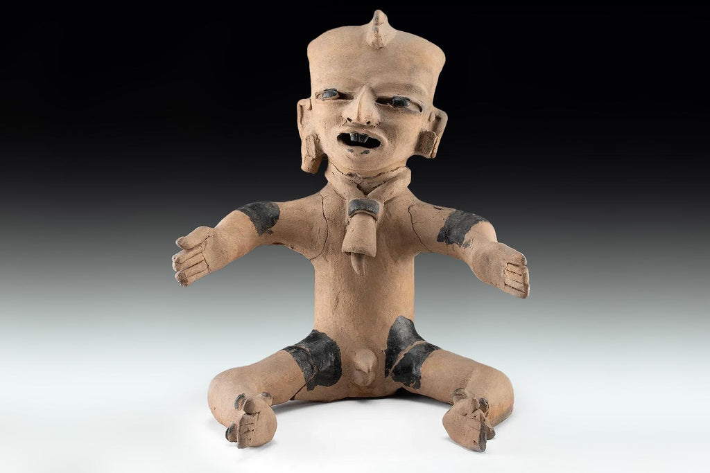 Ancient Pre Columbian Veracruz Pottery Male Sitting Figure, Remojadas Art Type 450 to 600 AD, Eastern Mexico, Thermoluminescence Tested